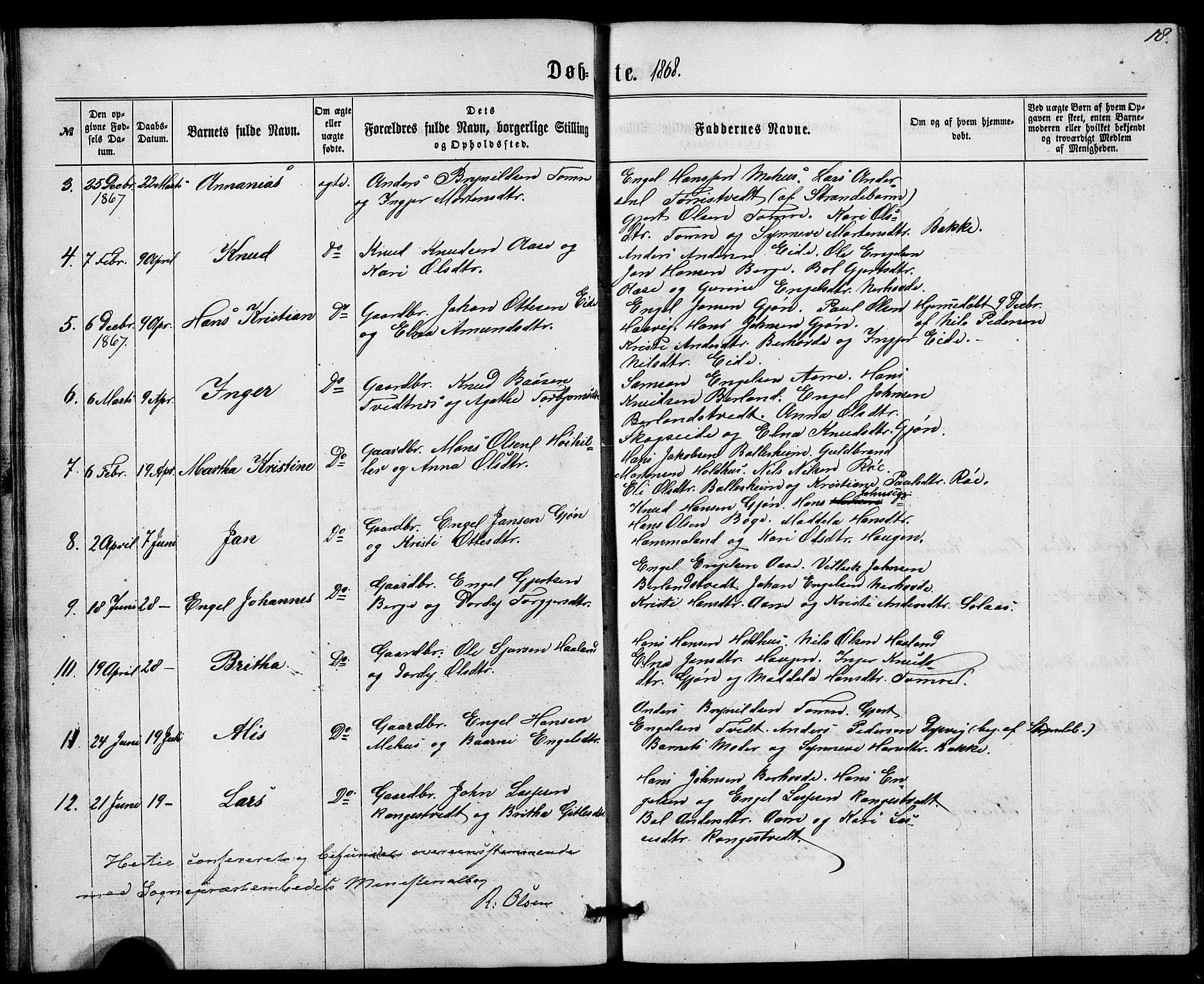 Fusa sokneprestembete, SAB/A-75401/H/Hab: Parish register (copy) no. B 1, 1861-1896, p. 18