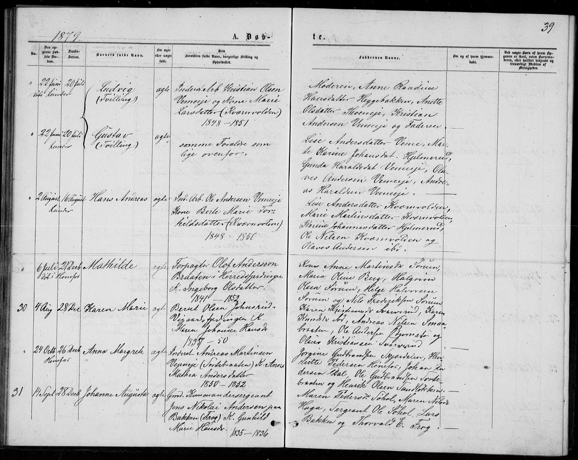 Norderhov kirkebøker, AV/SAKO-A-237/G/Ga/L0007: Parish register (copy) no. I 7, 1877-1887, p. 39