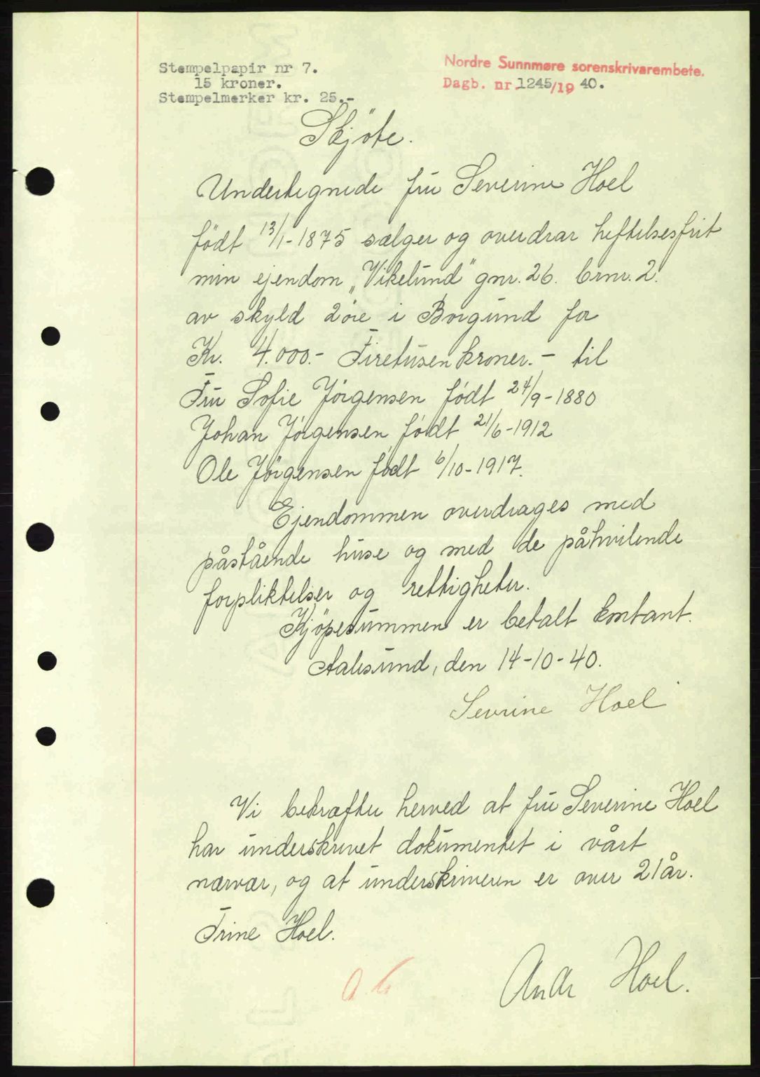 Nordre Sunnmøre sorenskriveri, AV/SAT-A-0006/1/2/2C/2Ca: Mortgage book no. A9, 1940-1940, Diary no: : 1245/1940