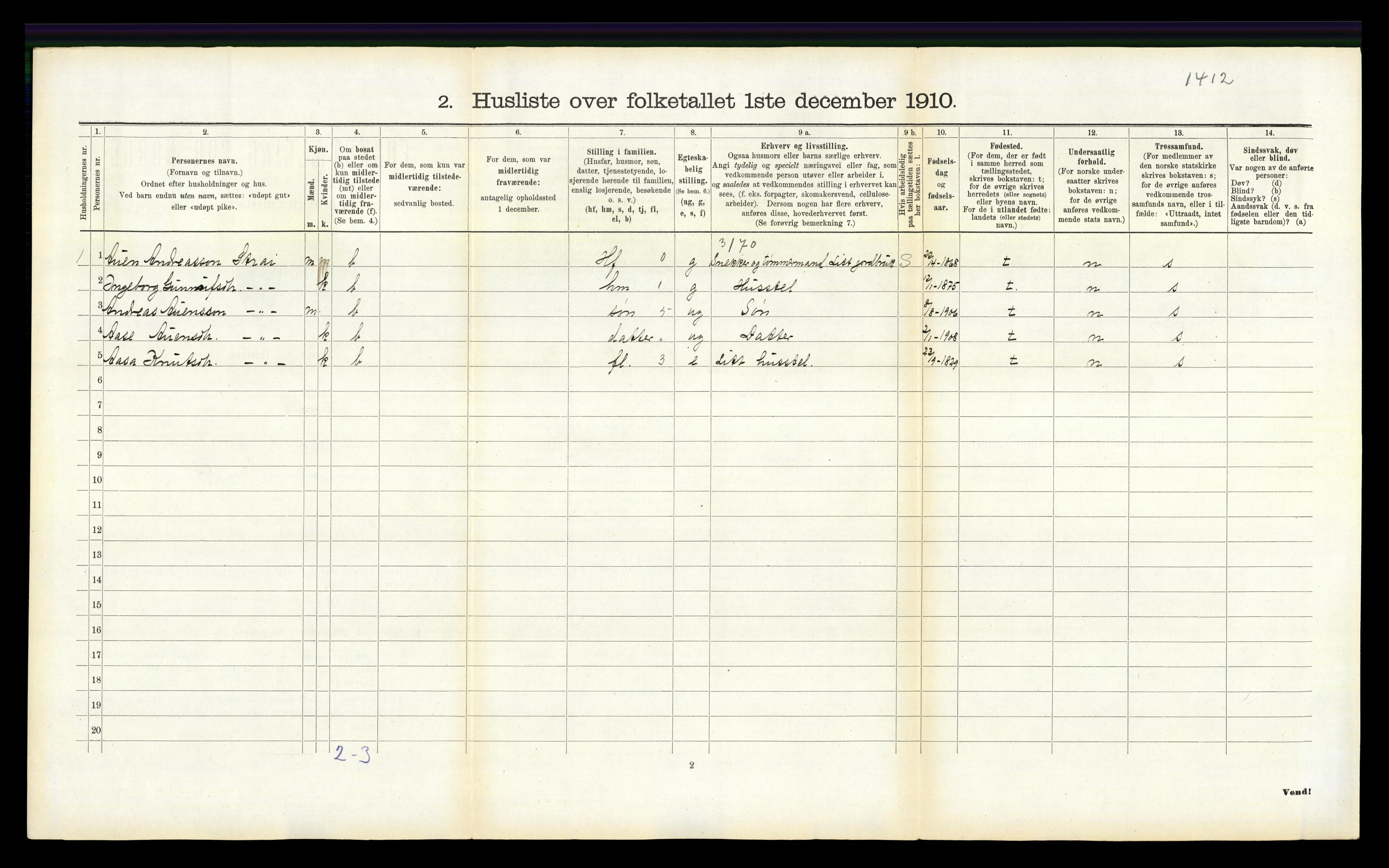 RA, 1910 census for Oddernes, 1910, p. 568