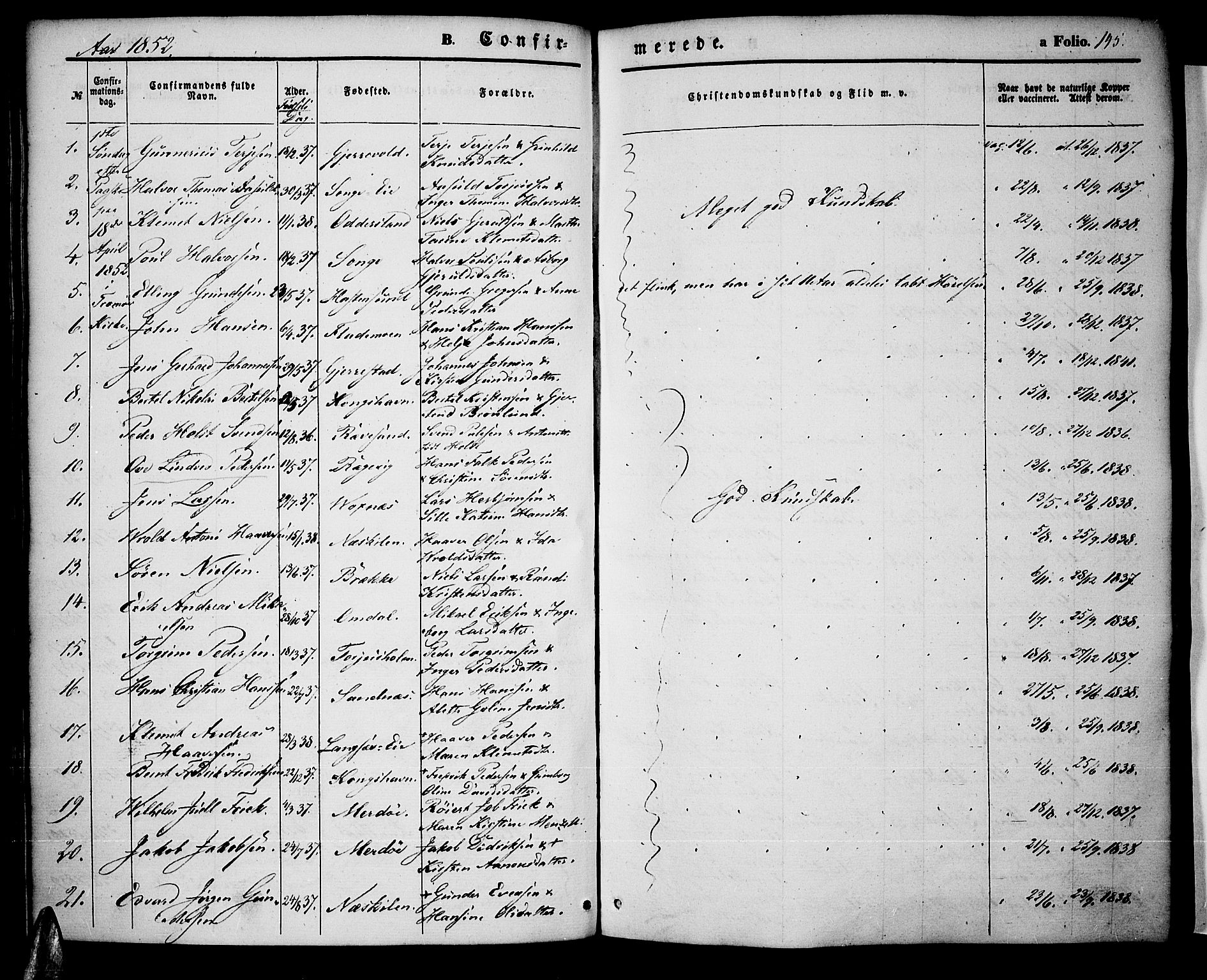 Tromøy sokneprestkontor, SAK/1111-0041/F/Fa/L0005: Parish register (official) no. A 5, 1847-1856, p. 145