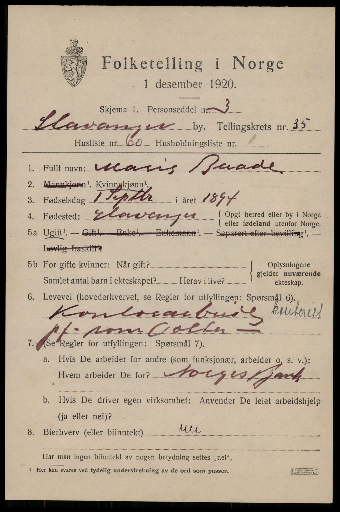 SAST, 1920 census for Stavanger, 1920, p. 94738