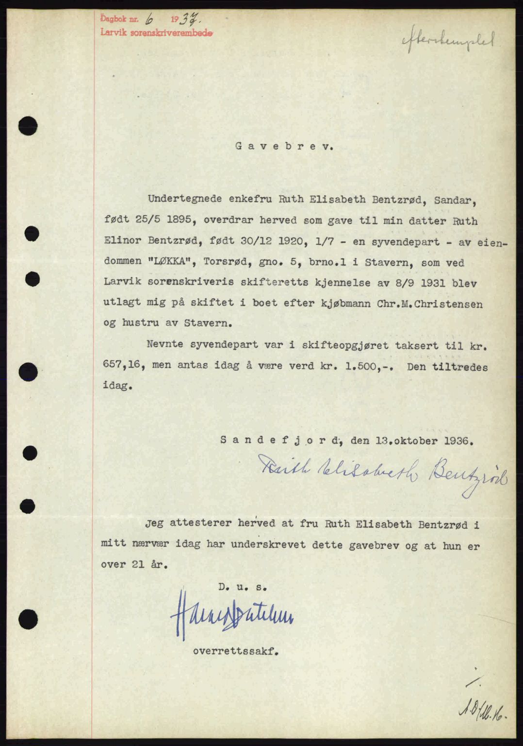 Larvik sorenskriveri, SAKO/A-83/G/Ga/Gab/L0067: Mortgage book no. A-1, 1936-1937, Diary no: : 6/1937