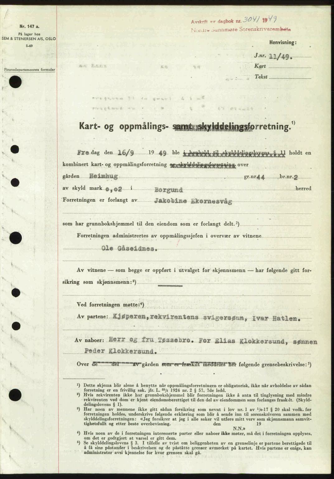 Nordre Sunnmøre sorenskriveri, AV/SAT-A-0006/1/2/2C/2Ca: Mortgage book no. A33, 1949-1950, Diary no: : 3041/1949