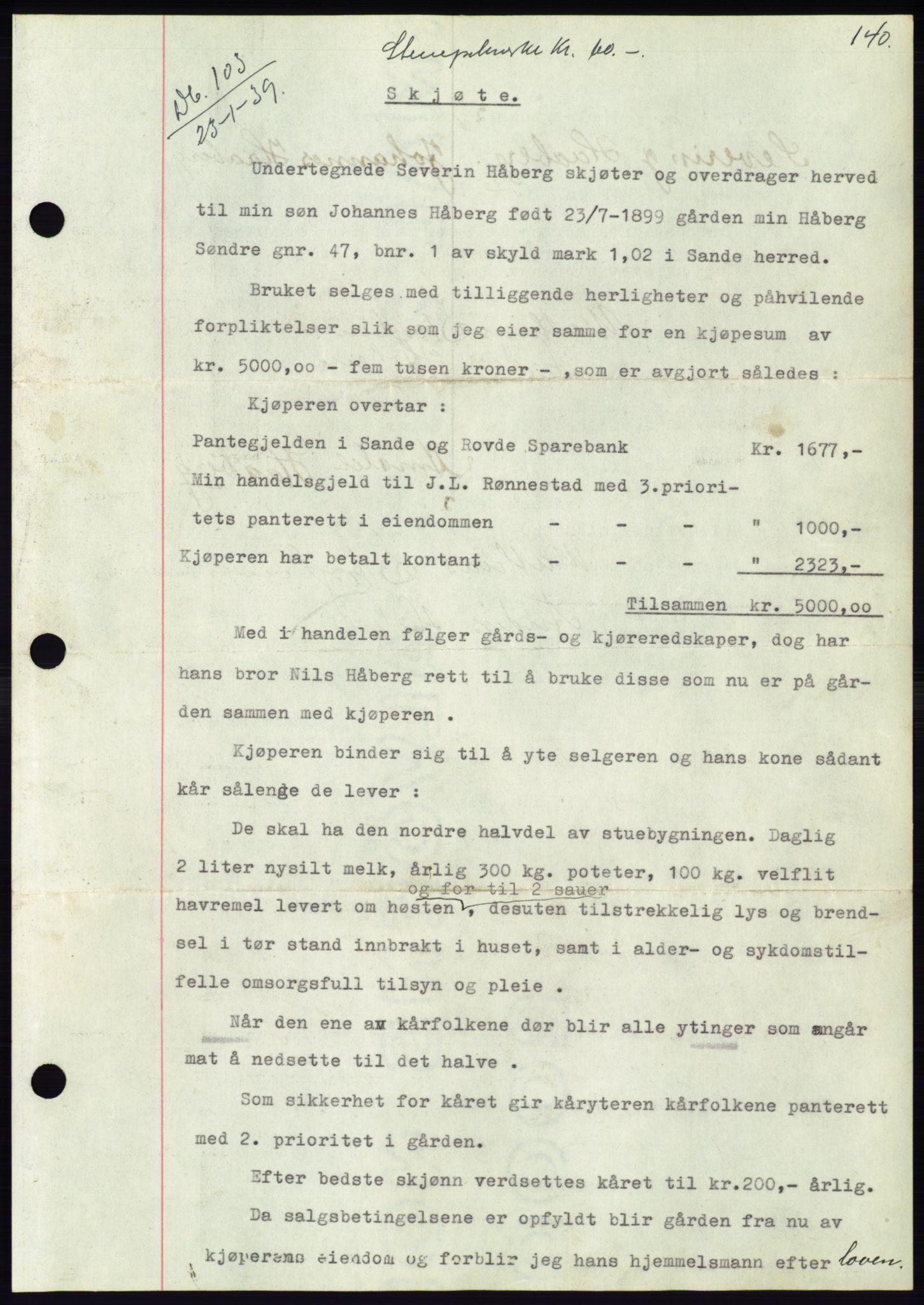 Søre Sunnmøre sorenskriveri, AV/SAT-A-4122/1/2/2C/L0067: Mortgage book no. 61, 1938-1939, Diary no: : 103/1939