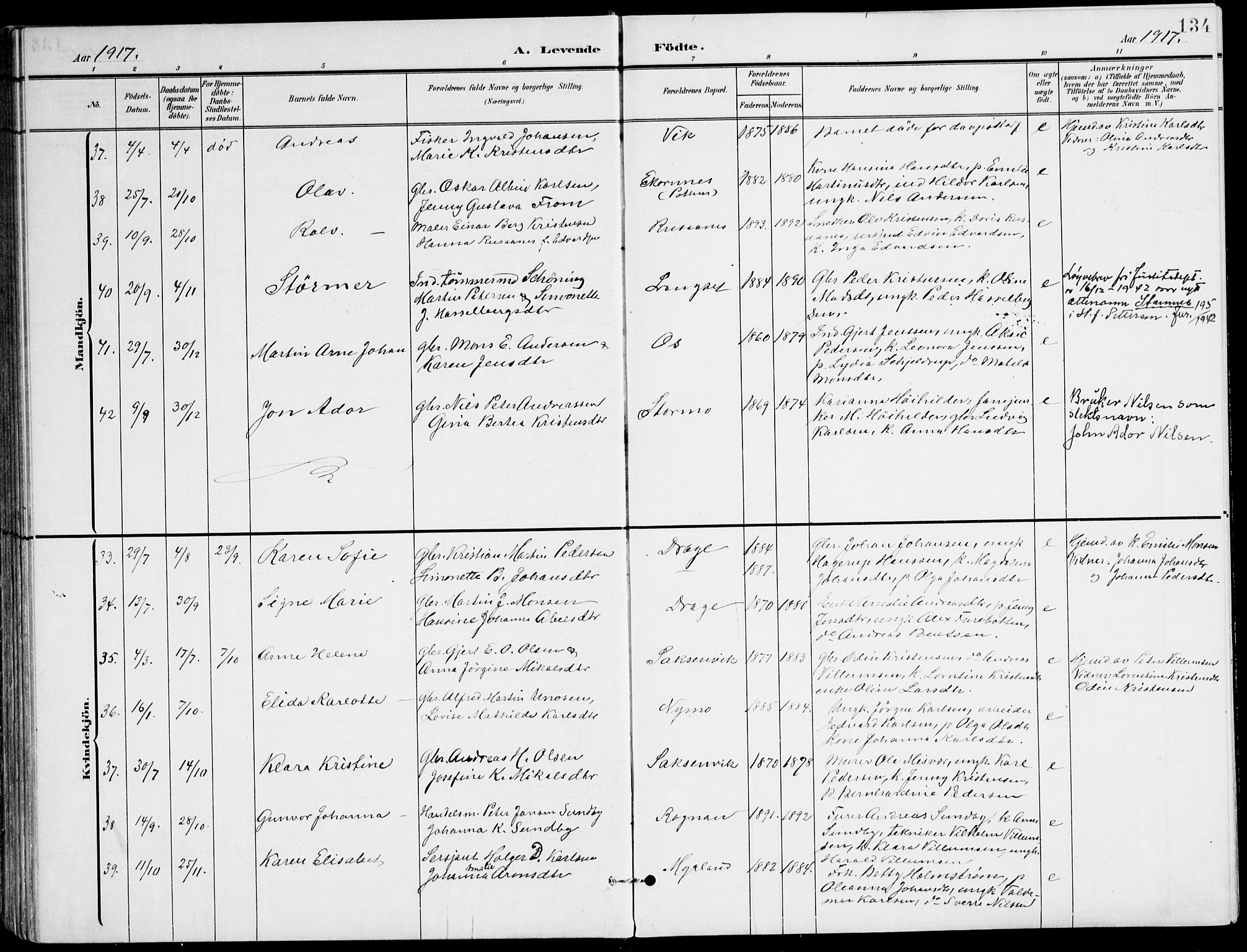 Ministerialprotokoller, klokkerbøker og fødselsregistre - Nordland, AV/SAT-A-1459/847/L0672: Parish register (official) no. 847A12, 1902-1919, p. 134