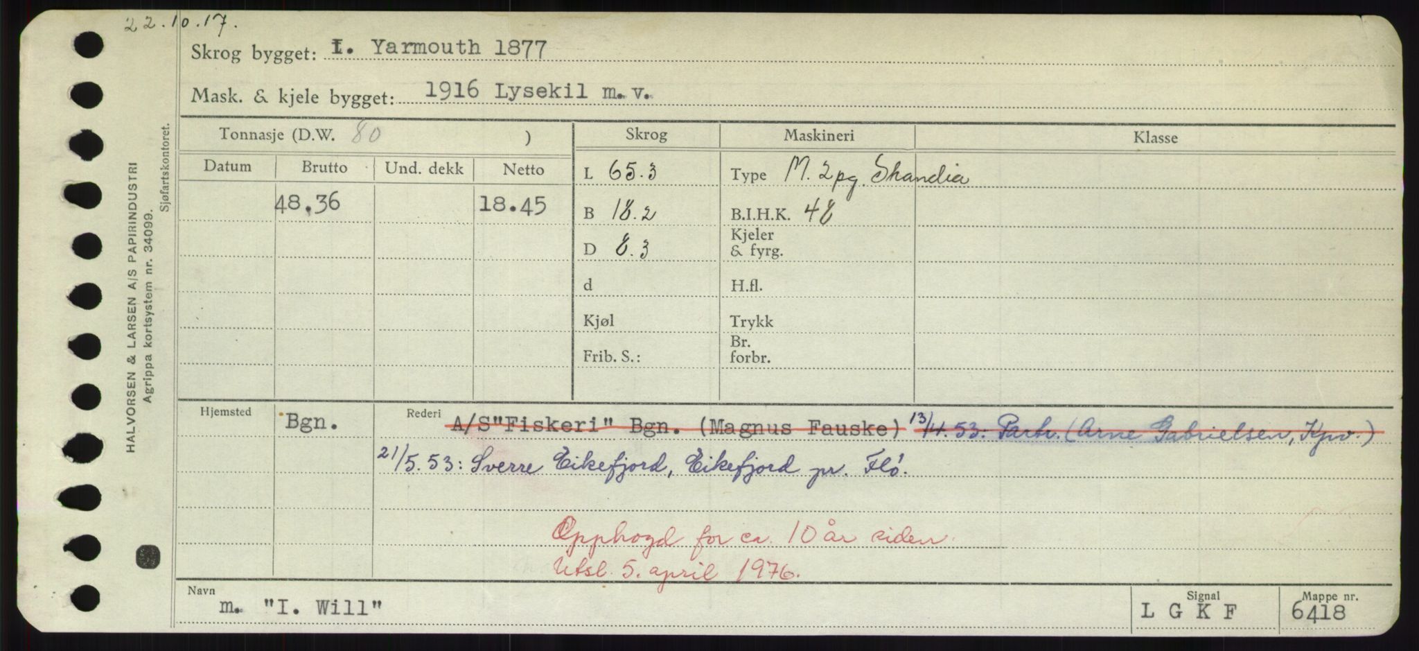 Sjøfartsdirektoratet med forløpere, Skipsmålingen, RA/S-1627/H/Hd/L0018: Fartøy, I, p. 1