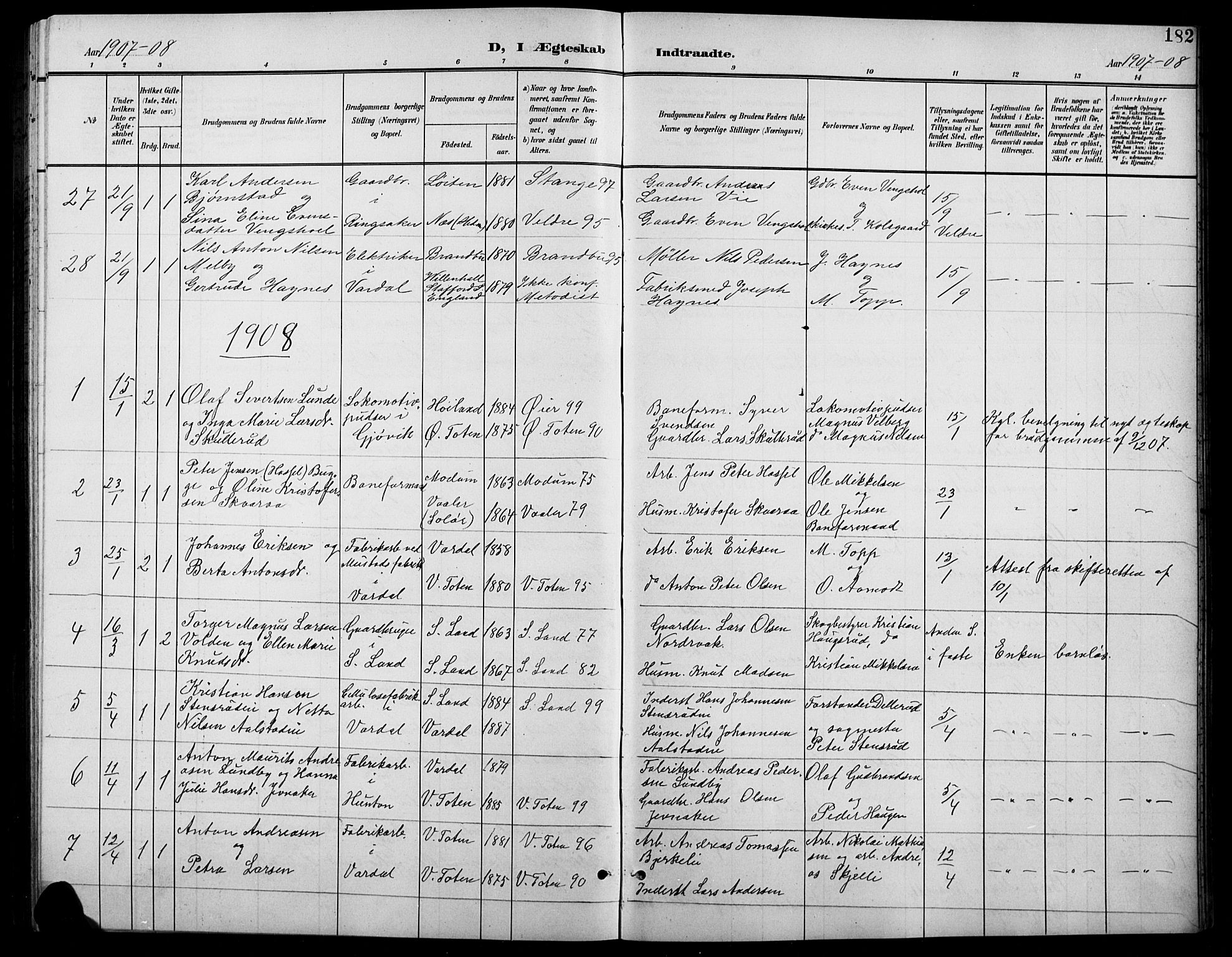 Vardal prestekontor, SAH/PREST-100/H/Ha/Hab/L0012: Parish register (copy) no. 12, 1902-1911, p. 182