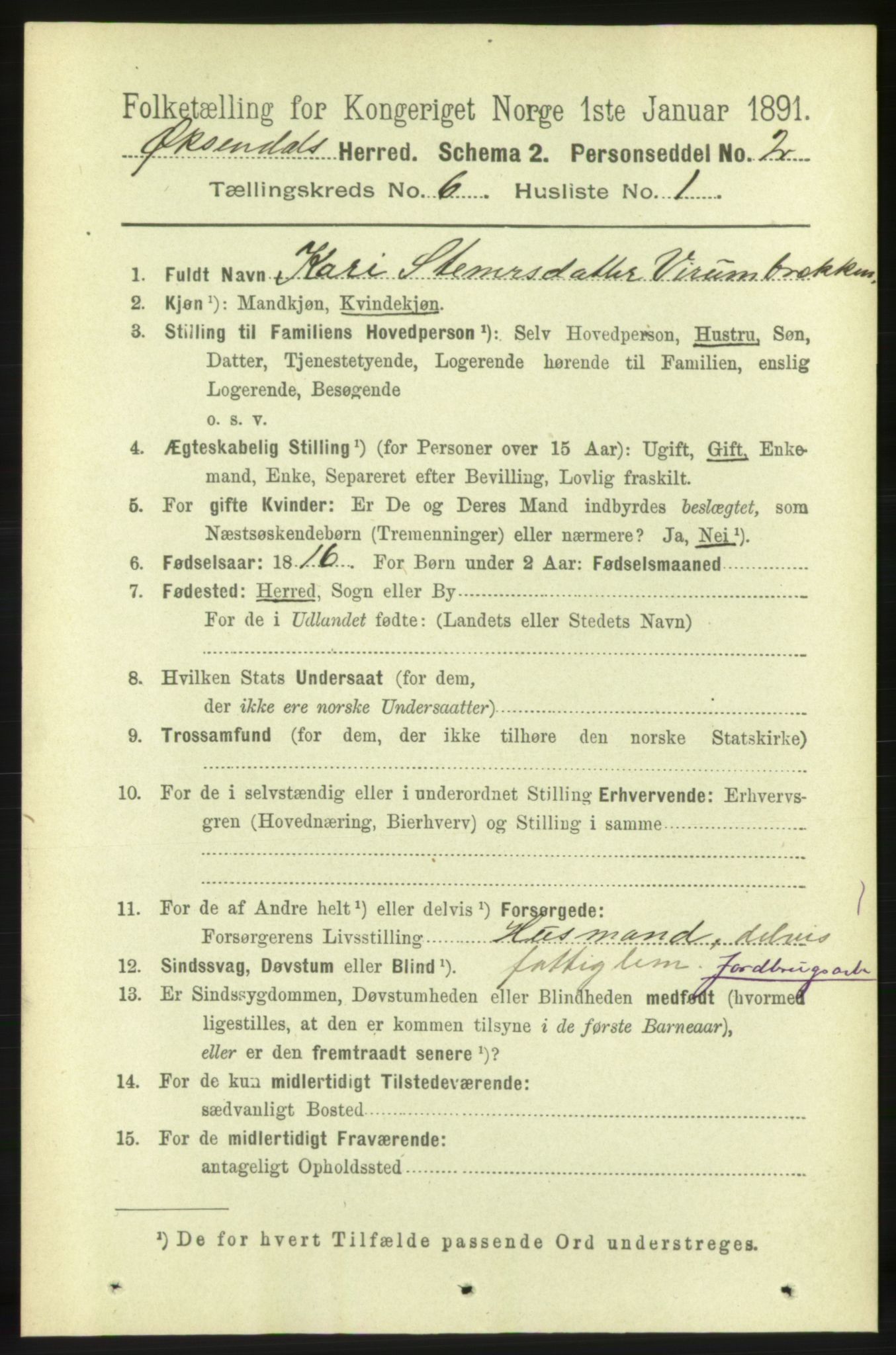 RA, 1891 census for 1561 Øksendal, 1891, p. 1233