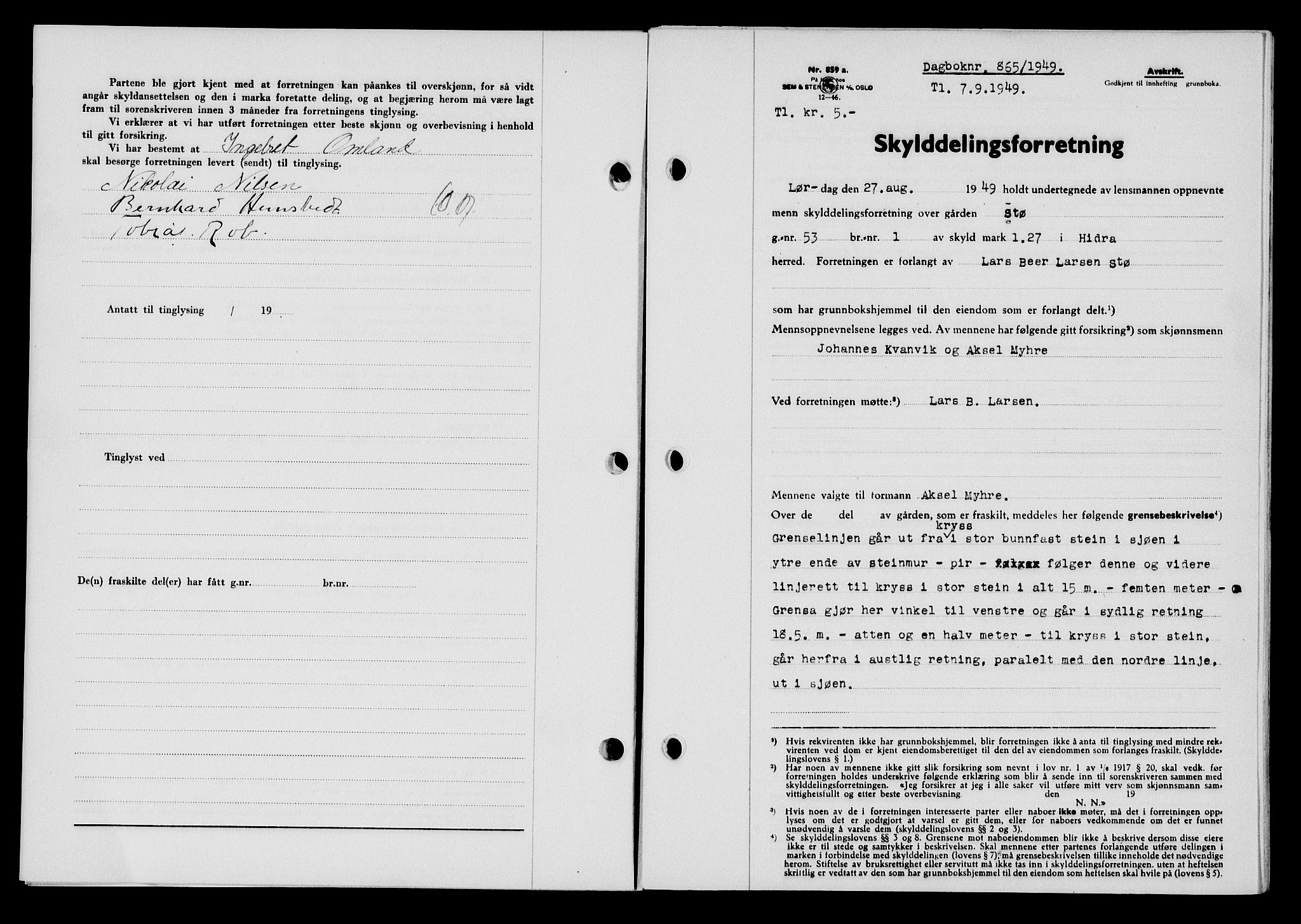 Flekkefjord sorenskriveri, SAK/1221-0001/G/Gb/Gba/L0065: Mortgage book no. A-13, 1949-1949, Diary no: : 865/1949