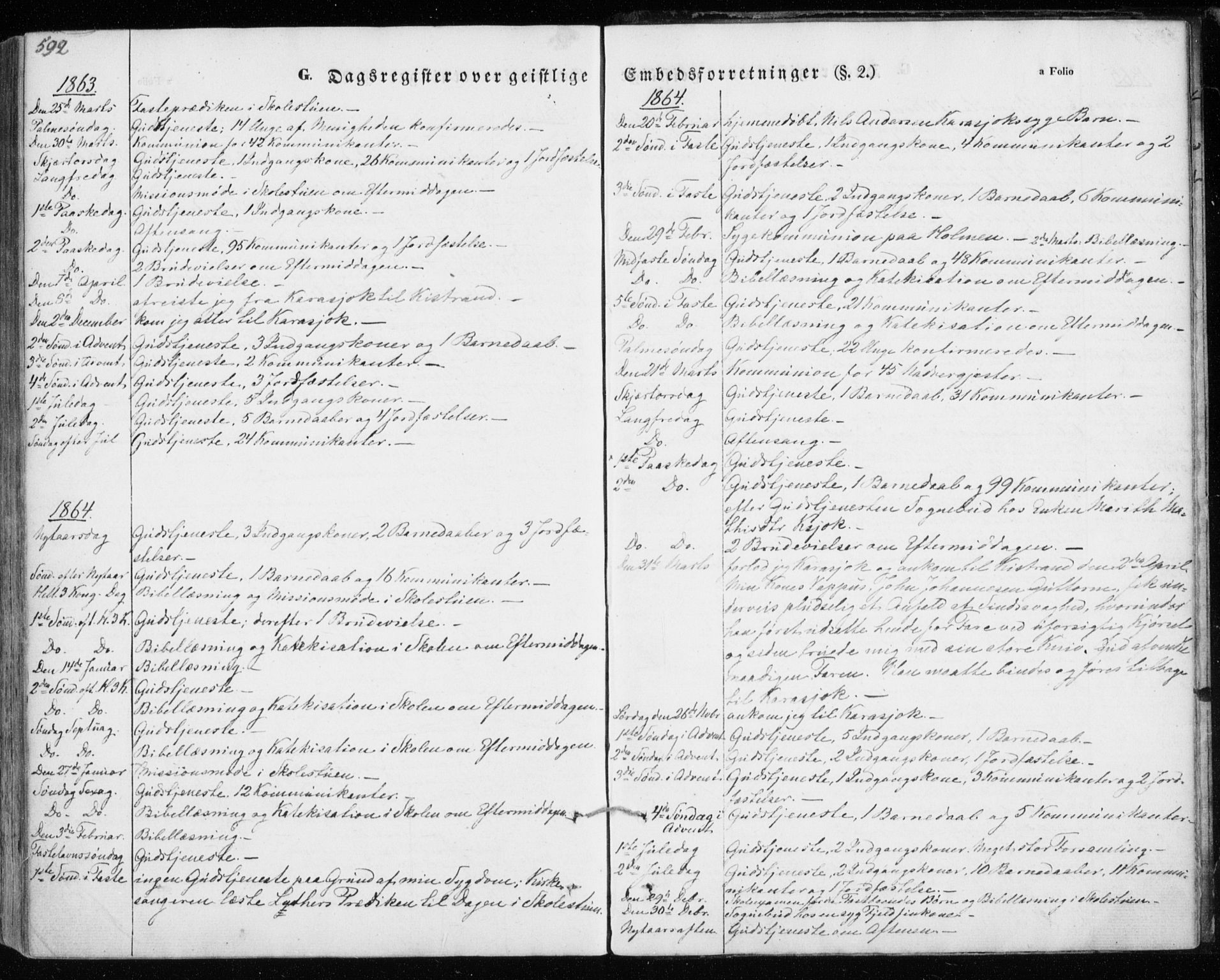 Kistrand/Porsanger sokneprestembete, AV/SATØ-S-1351/H/Ha/L0012.kirke: Parish register (official) no. 12, 1843-1871, p. 592-593