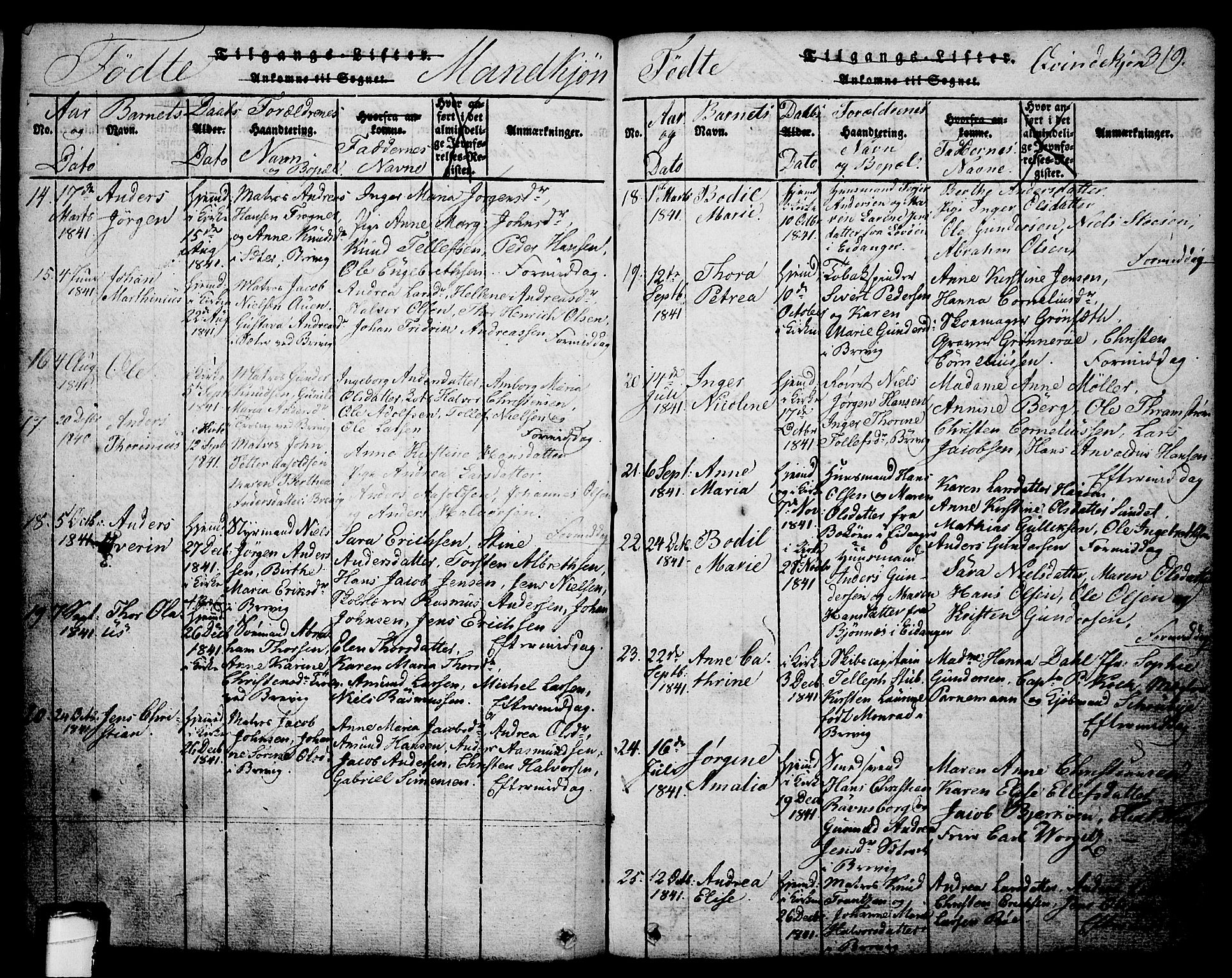 Brevik kirkebøker, AV/SAKO-A-255/G/Ga/L0001: Parish register (copy) no. 1, 1814-1845, p. 319