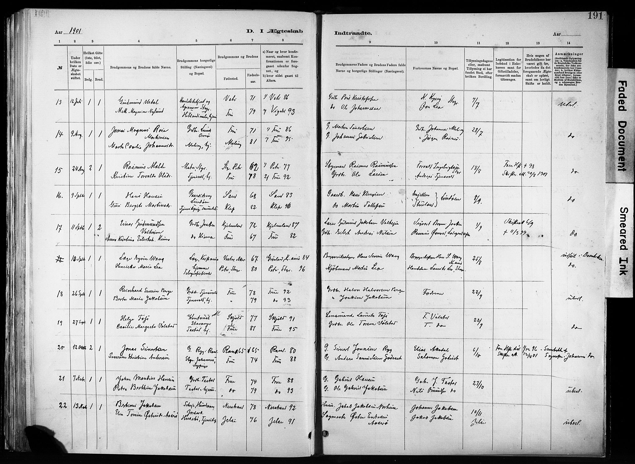 Hetland sokneprestkontor, SAST/A-101826/30/30BA/L0011: Parish register (official) no. A 11, 1884-1911, p. 191