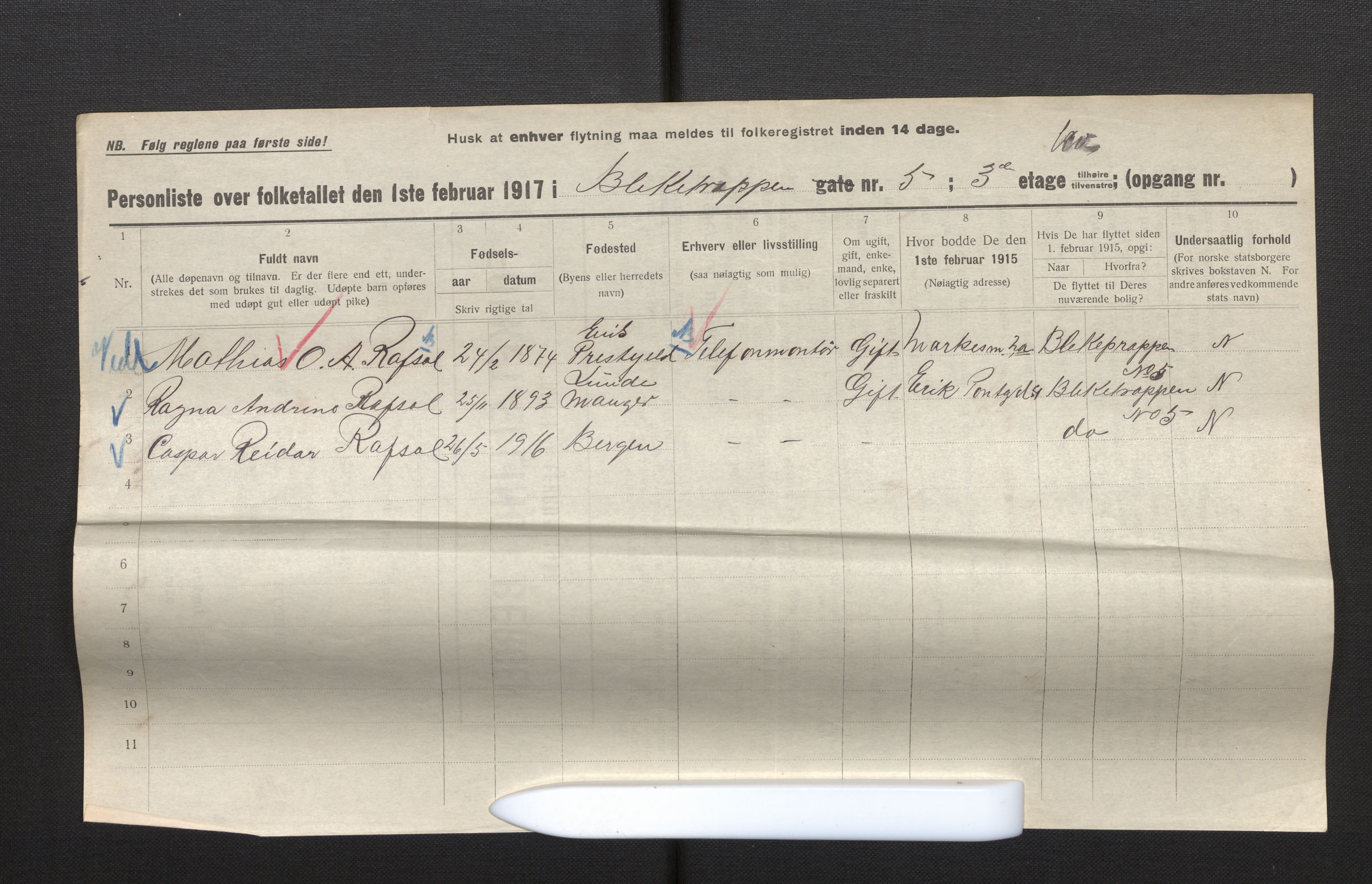 SAB, Municipal Census 1917 for Bergen, 1917, p. 2827