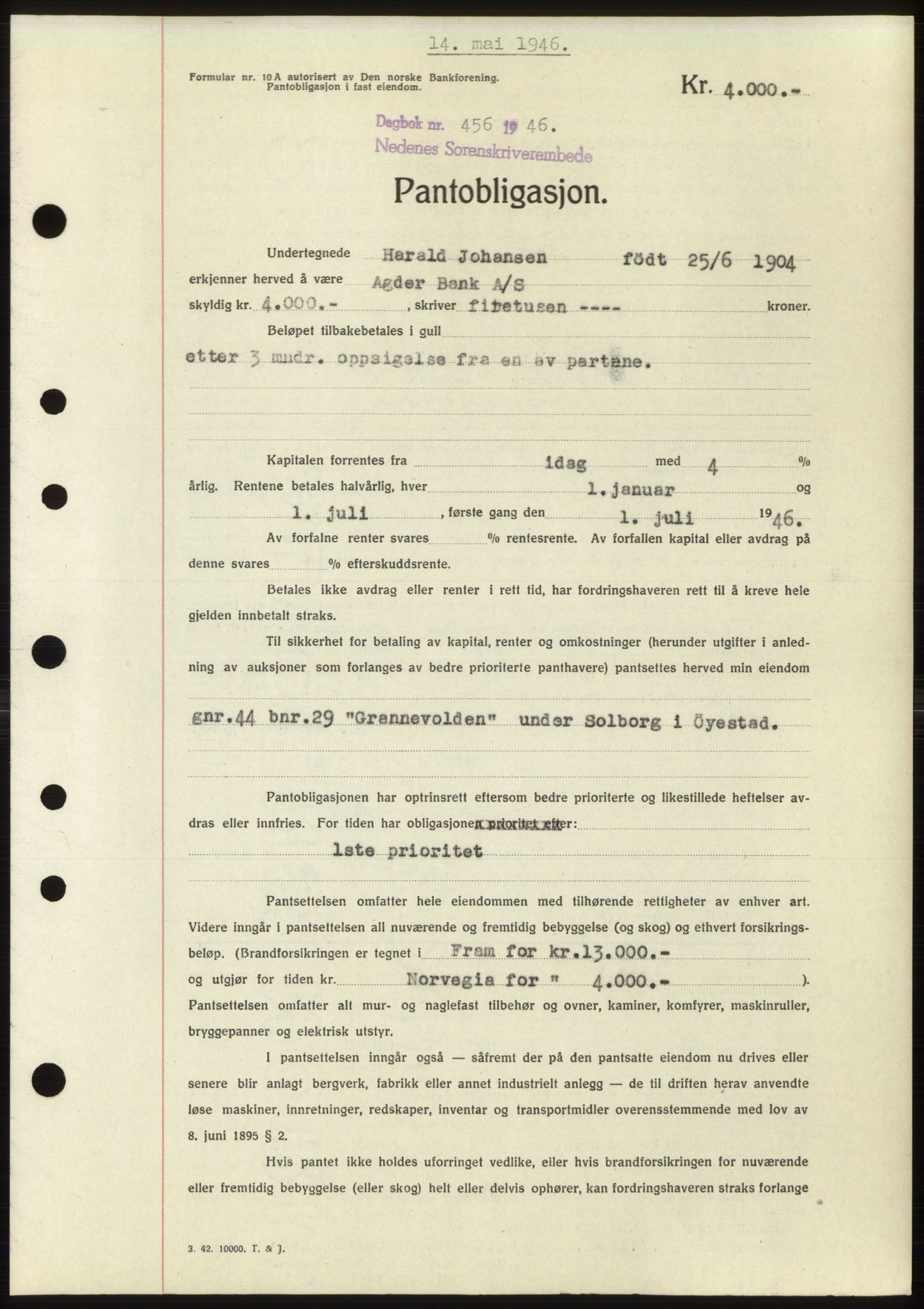 Nedenes sorenskriveri, SAK/1221-0006/G/Gb/Gbb/L0003: Mortgage book no. B3b, 1946-1946, Diary no: : 456/1946