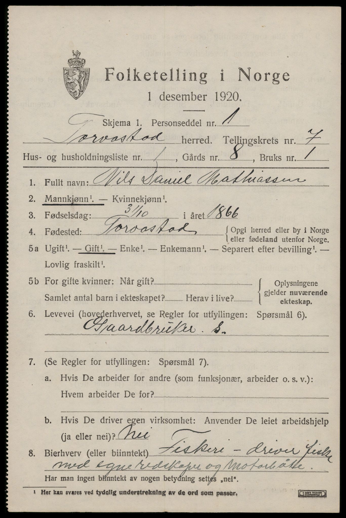 SAST, 1920 census for Torvastad, 1920, p. 5088