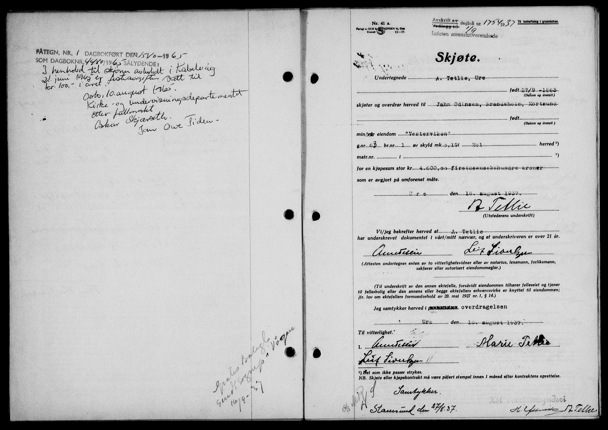 Lofoten sorenskriveri, SAT/A-0017/1/2/2C/L0002a: Mortgage book no. 2a, 1937-1937, Diary no: : 1754/1937