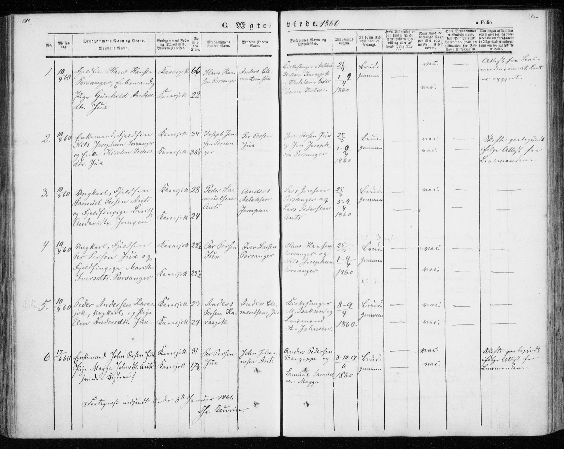 Kistrand/Porsanger sokneprestembete, SATØ/S-1351/H/Ha/L0012.kirke: Parish register (official) no. 12, 1843-1871, p. 330-331