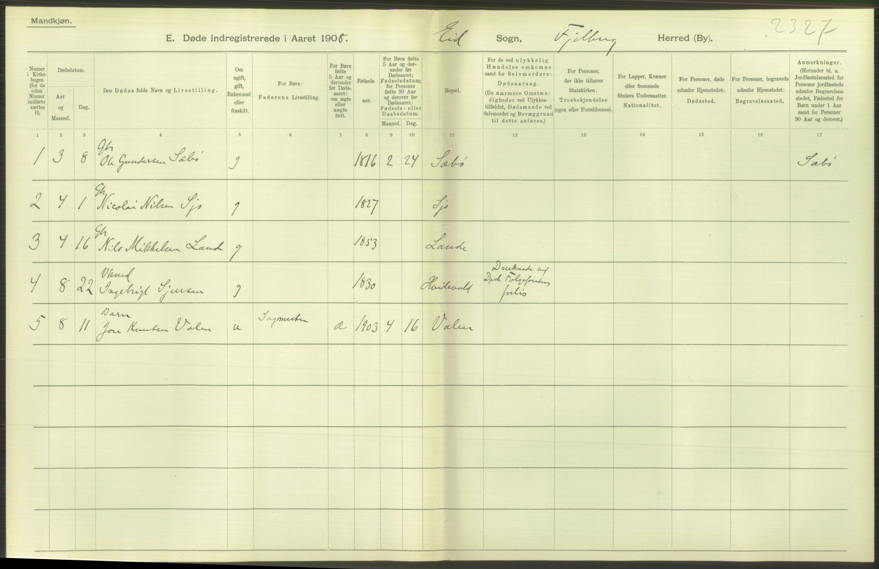 Statistisk sentralbyrå, Sosiodemografiske emner, Befolkning, AV/RA-S-2228/D/Df/Dfa/Dfaf/L0029: S. Bergenhus amt: Døde. Bygder., 1908, p. 52