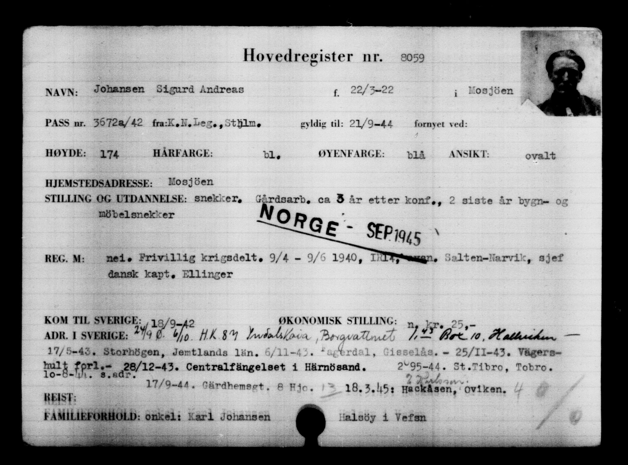 Utenriksstasjonene, Legasjonen i Stockholm, Flyktningkontoret, AV/RA-S-6753/V/Va/L0005: Kjesäterkartoteket, flyktninger med registreringsnr. 6600-9417, 1940-1945, p. 1706