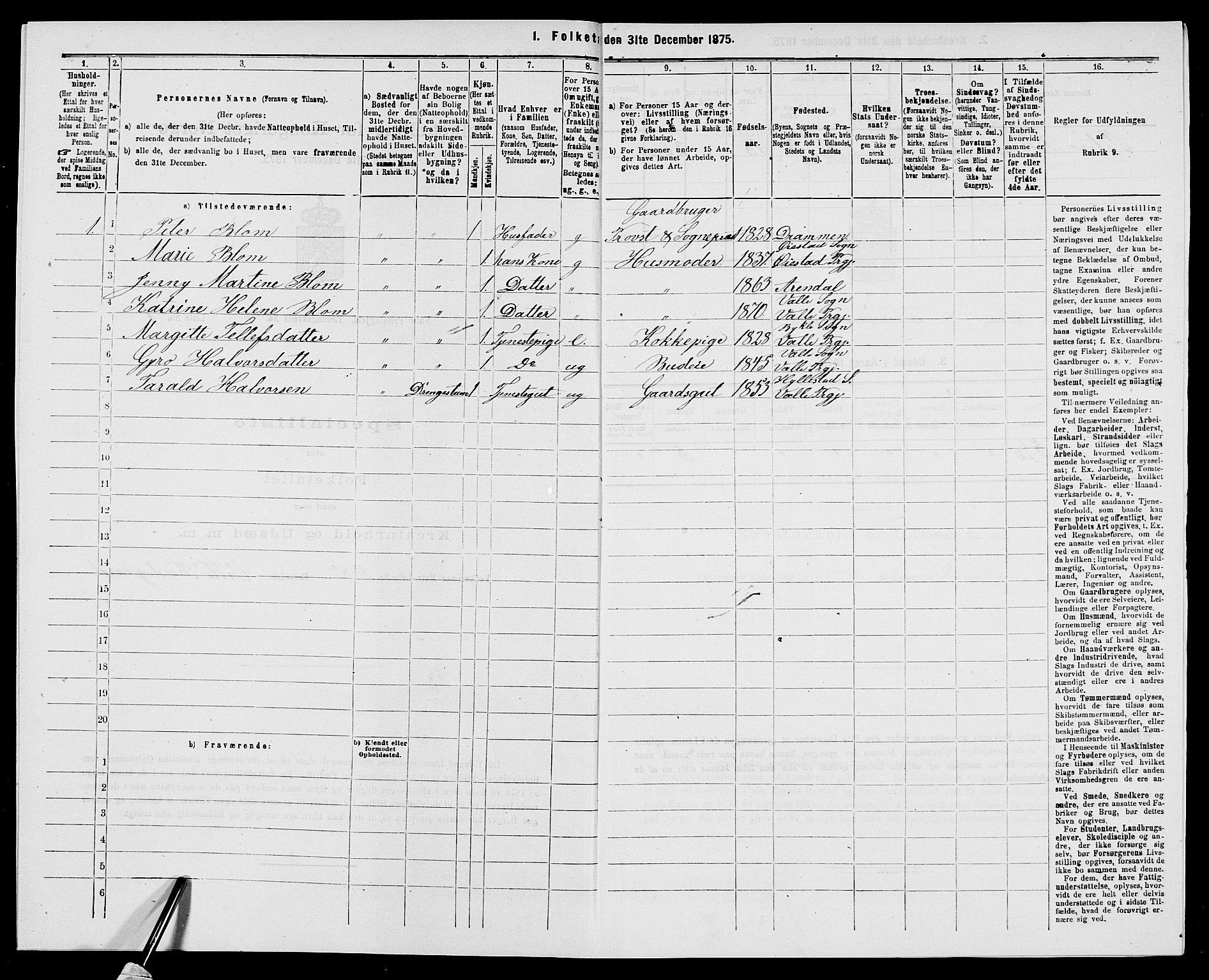 SAK, 1875 census for 0940P Valle, 1875, p. 358