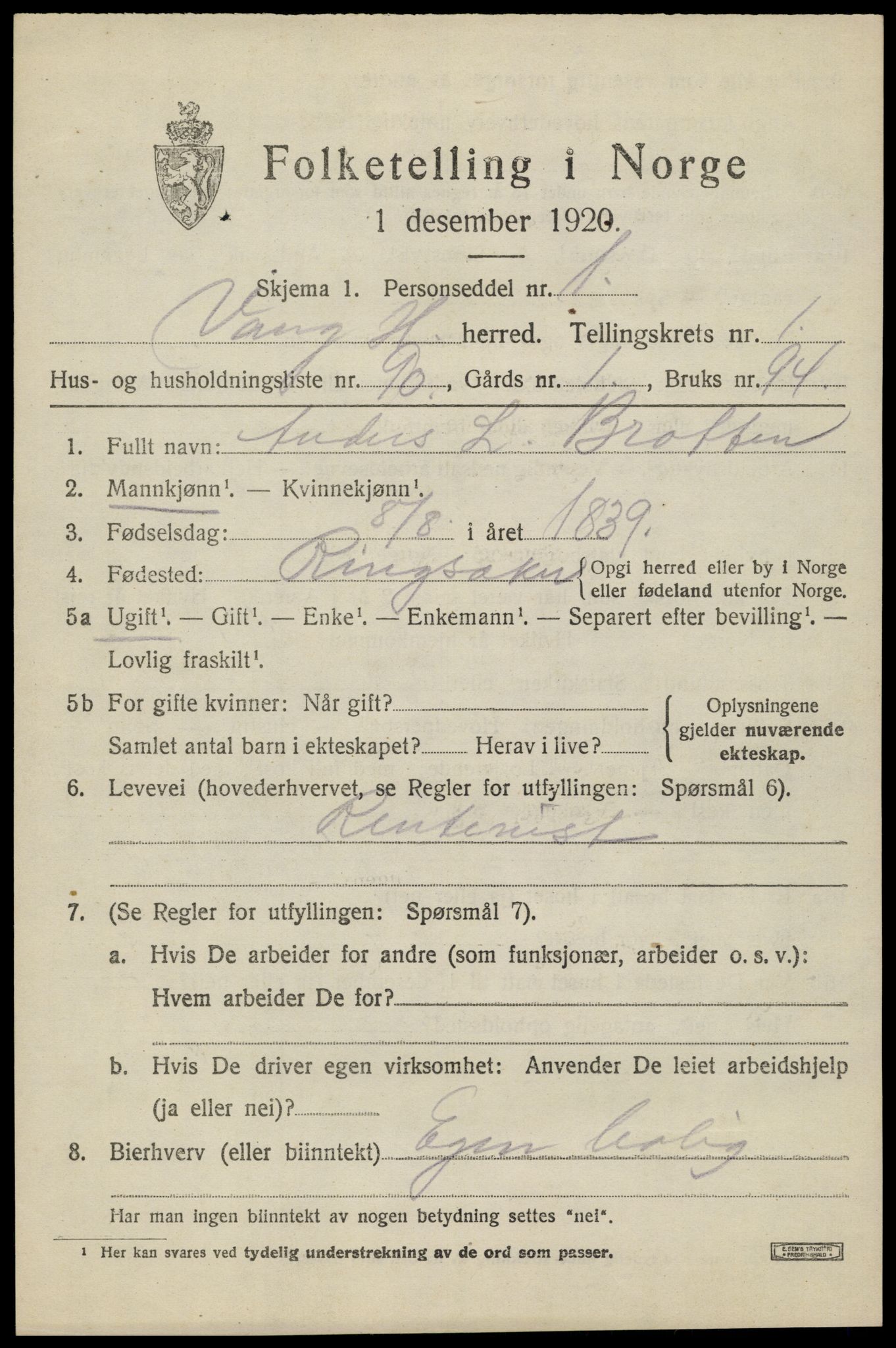 SAH, 1920 census for Vang (Hedmark), 1920, p. 4205