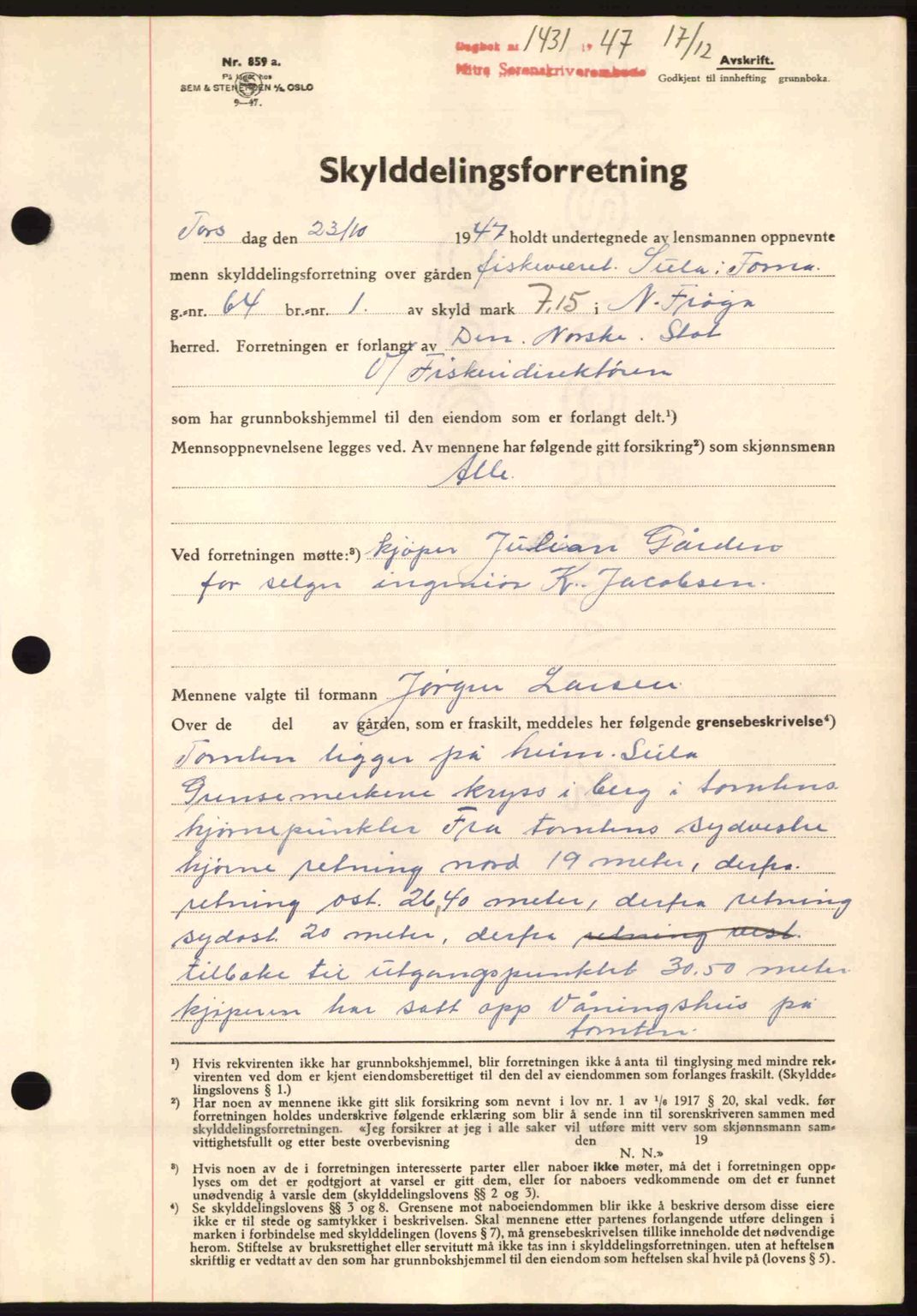 Hitra sorenskriveri, AV/SAT-A-0018/2/2C/2Ca: Mortgage book no. A5, 1947-1948, Diary no: : 1431/1947