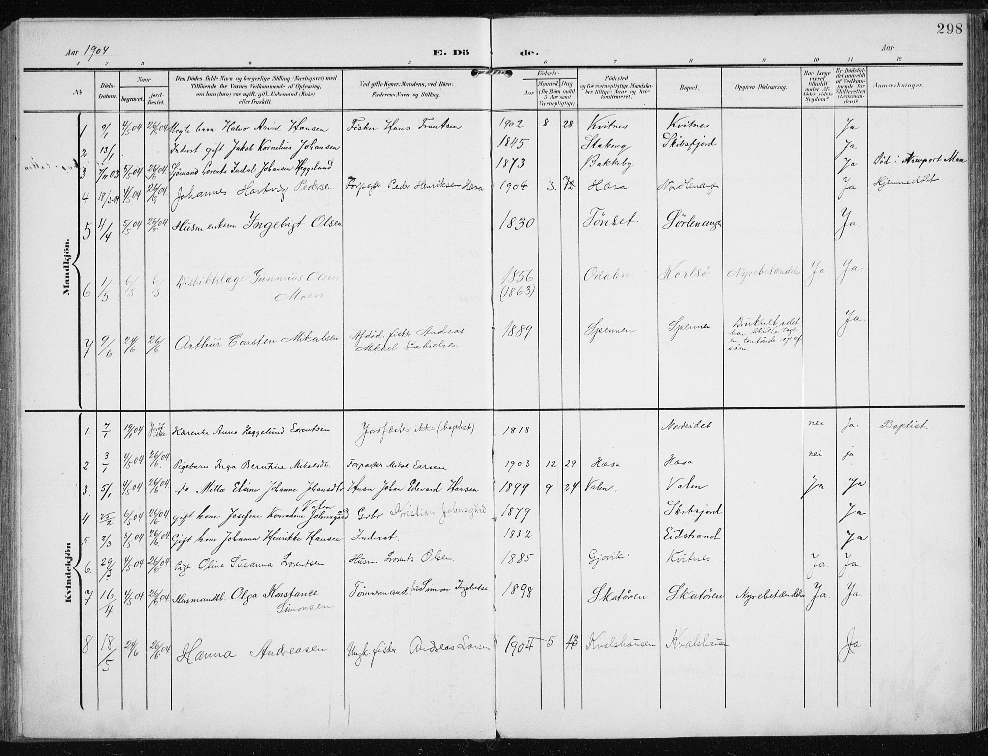 Karlsøy sokneprestembete, SATØ/S-1299/H/Ha/Haa/L0014kirke: Parish register (official) no. 14, 1903-1917, p. 298