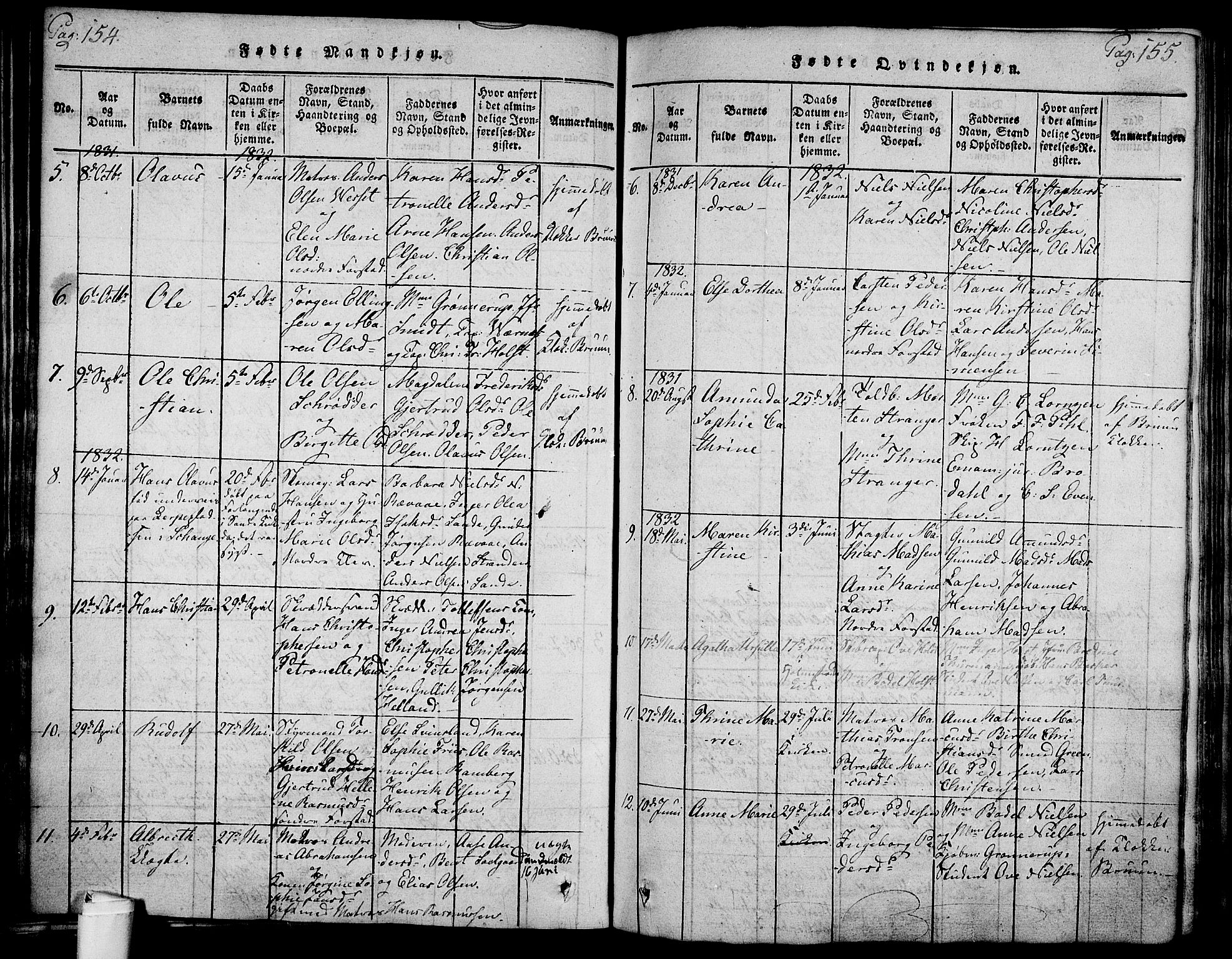 Holmestrand kirkebøker, AV/SAKO-A-346/F/Fa/L0001: Parish register (official) no. 1, 1814-1840, p. 154-155