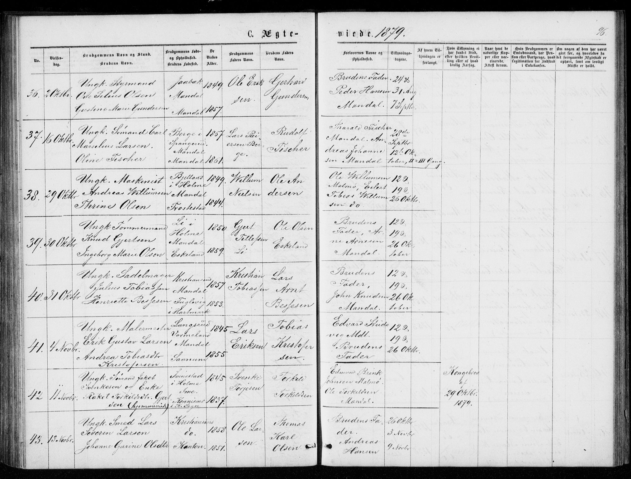 Mandal sokneprestkontor, AV/SAK-1111-0030/F/Fb/Fba/L0010: Parish register (copy) no. B 4, 1876-1880, p. 96