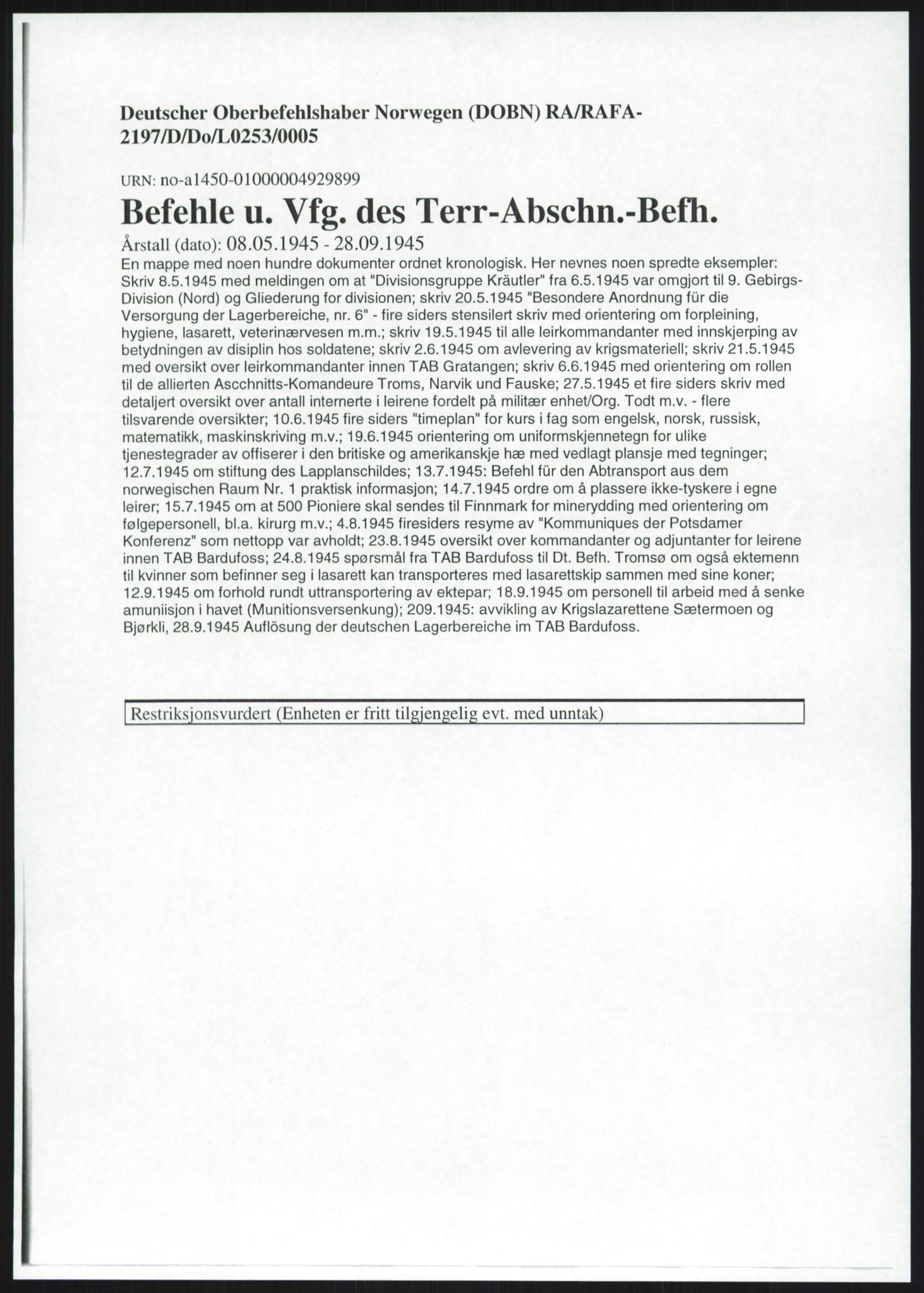 Deutscher Oberbefehlshaber Norwegen (DOBN), RA/RAFA-2197/D/Do/L0253/0005: TAB Gratangen/Bardufoss / Befehle u. Vfg. des Terr-Abschn.-Befh., 1945