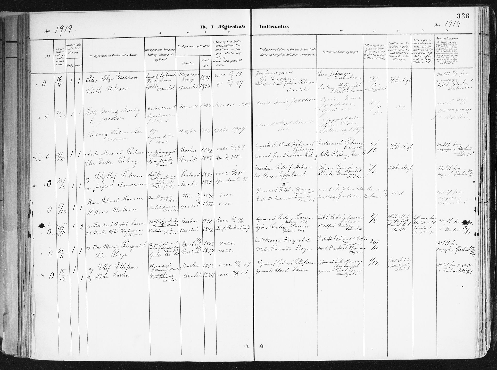 Arendal sokneprestkontor, Trefoldighet, AV/SAK-1111-0040/F/Fa/L0010: Parish register (official) no. A 10, 1900-1919, p. 336