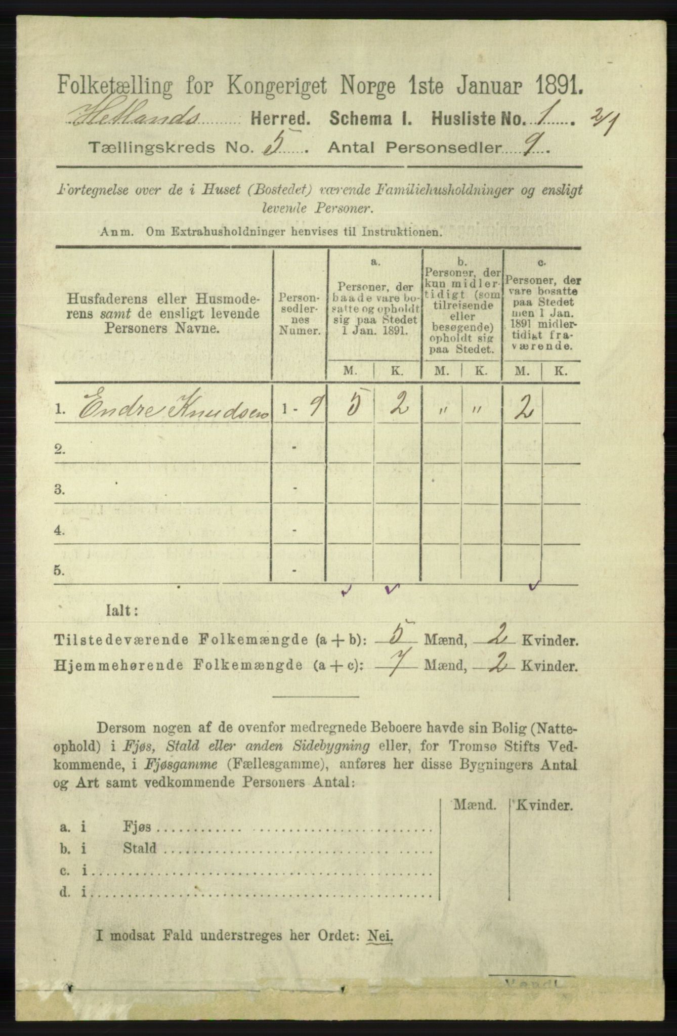 RA, 1891 census for 1126 Hetland, 1891, p. 2684
