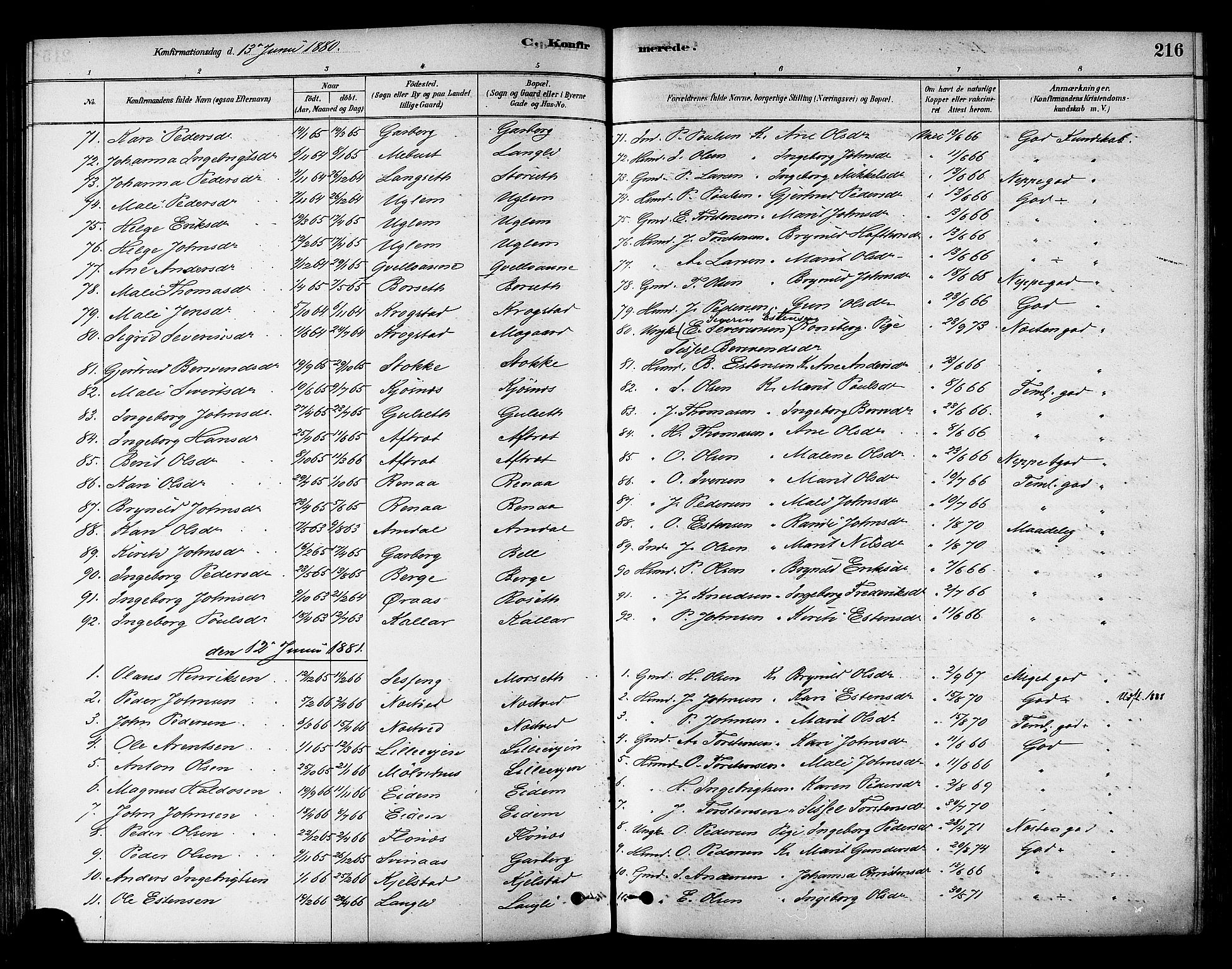 Ministerialprotokoller, klokkerbøker og fødselsregistre - Sør-Trøndelag, SAT/A-1456/695/L1148: Parish register (official) no. 695A08, 1878-1891, p. 216