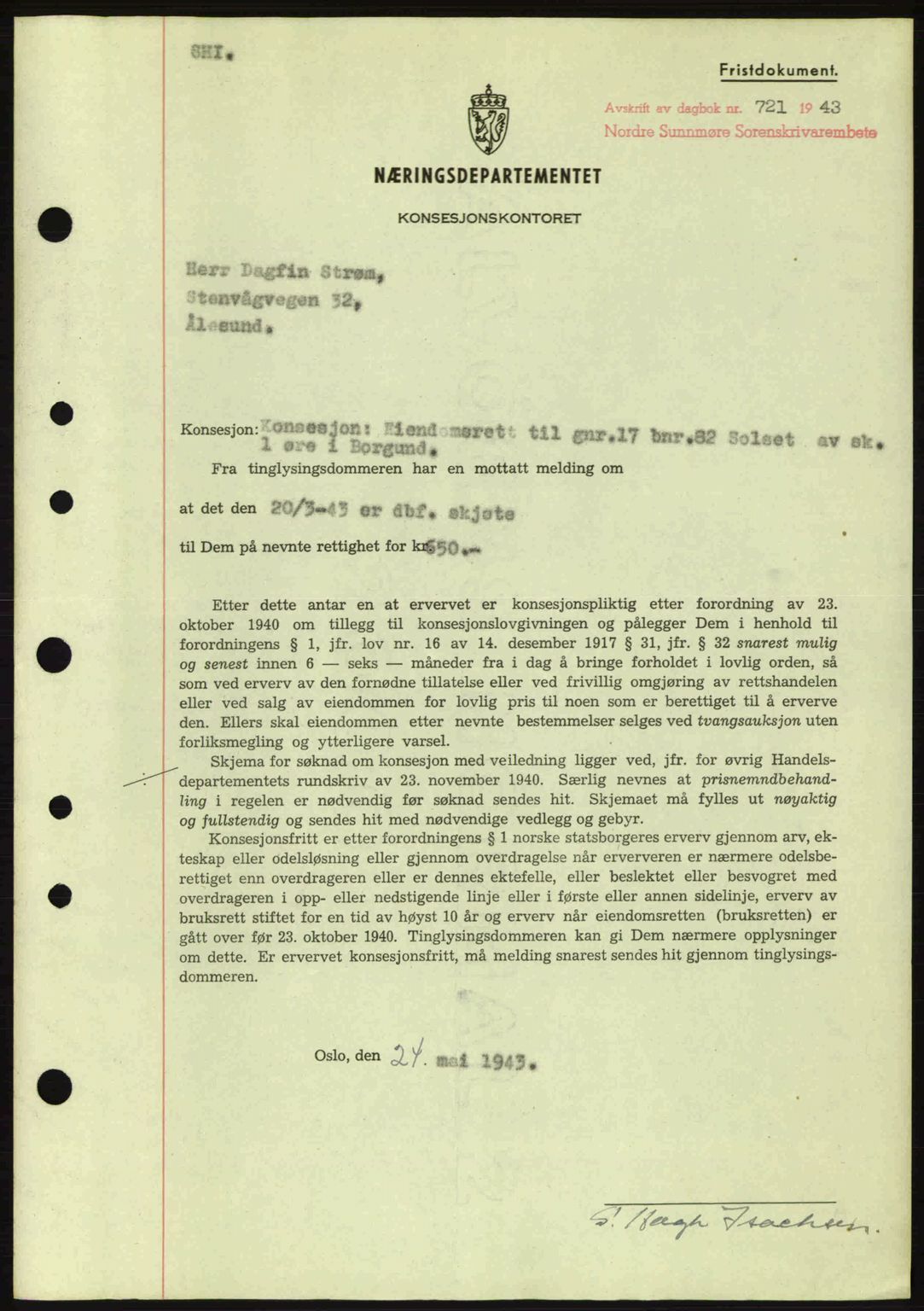 Nordre Sunnmøre sorenskriveri, SAT/A-0006/1/2/2C/2Ca: Mortgage book no. B6-14 a, 1942-1945, Diary no: : 721/1943