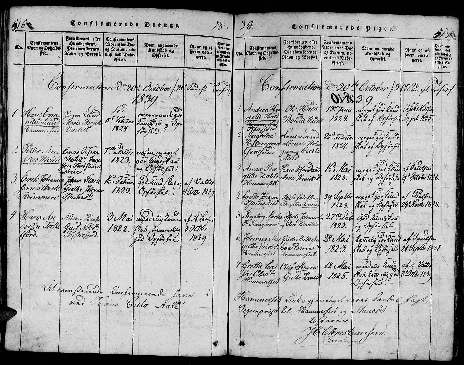Hammerfest sokneprestkontor, SATØ/S-1347/H/Hb/L0001.klokk: Parish register (copy) no. 1, 1822-1850, p. 516-517
