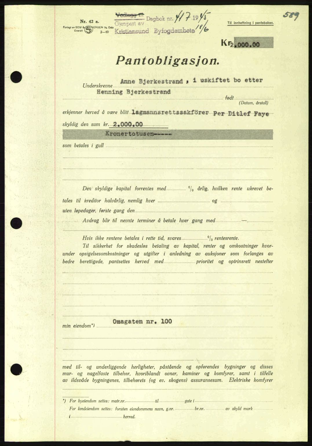 Kristiansund byfogd, SAT/A-4587/A/27: Mortgage book no. 37-38, 1943-1945, Diary no: : 417/1945
