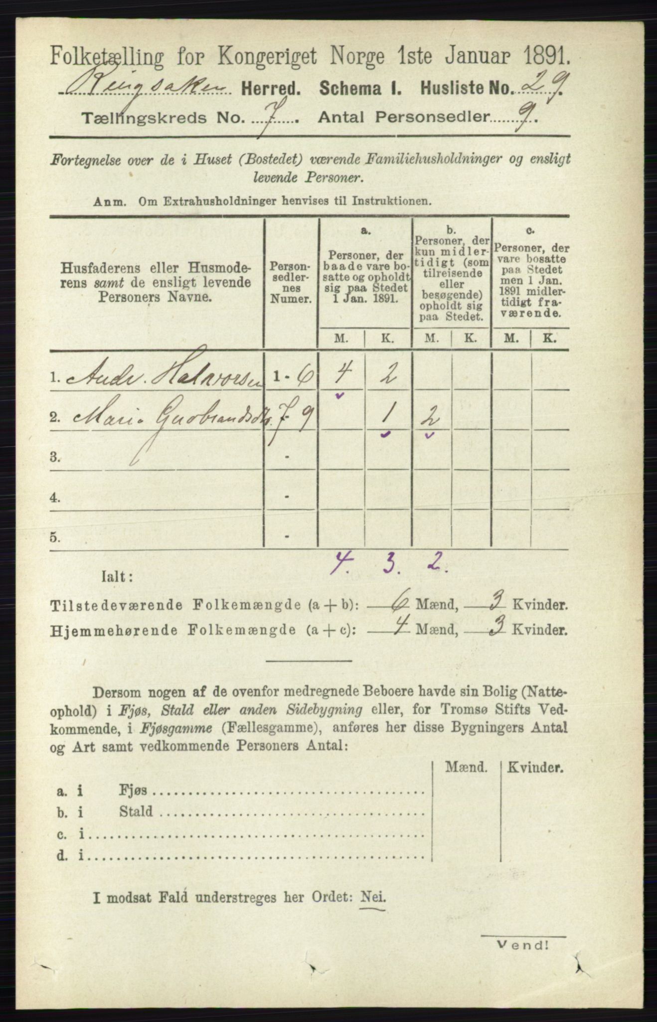 RA, 1891 census for 0412 Ringsaker, 1891, p. 3819