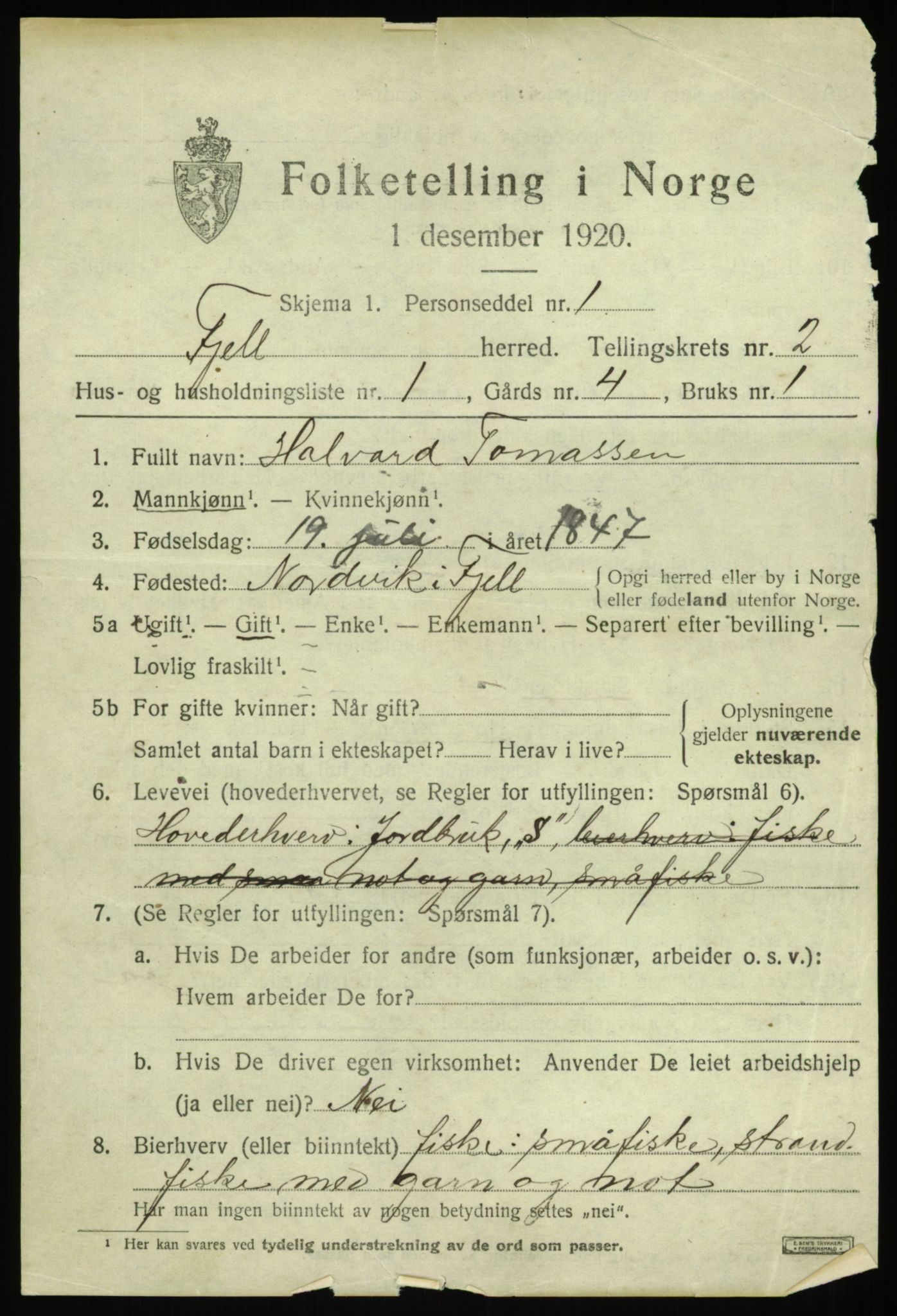 SAB, 1920 census for Fjell, 1920, p. 2252