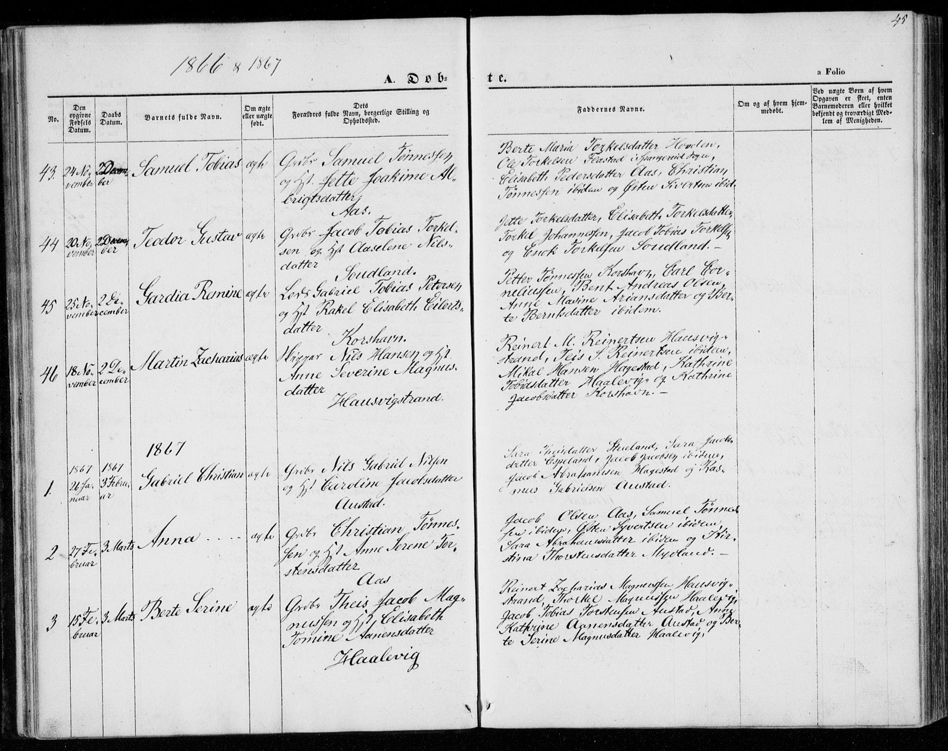 Lyngdal sokneprestkontor, SAK/1111-0029/F/Fa/Faa/L0002: Parish register (official) no. A 2, 1858-1870, p. 45