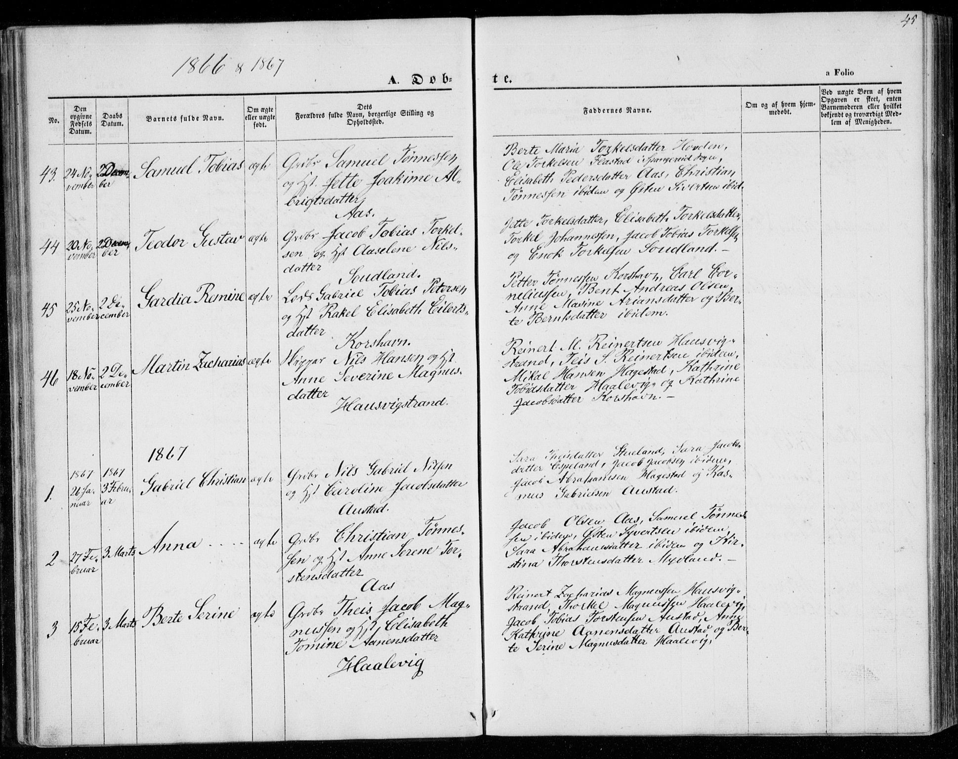 Lyngdal sokneprestkontor, AV/SAK-1111-0029/F/Fa/Faa/L0002: Parish register (official) no. A 2, 1858-1870, p. 45