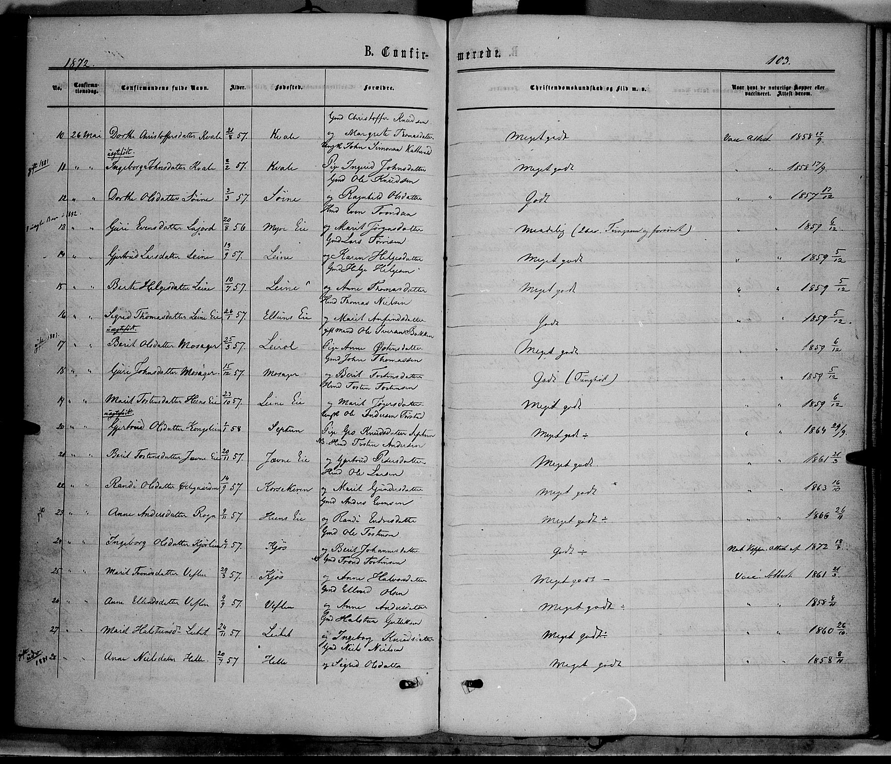 Vang prestekontor, Valdres, SAH/PREST-140/H/Ha/L0007: Parish register (official) no. 7, 1865-1881, p. 103