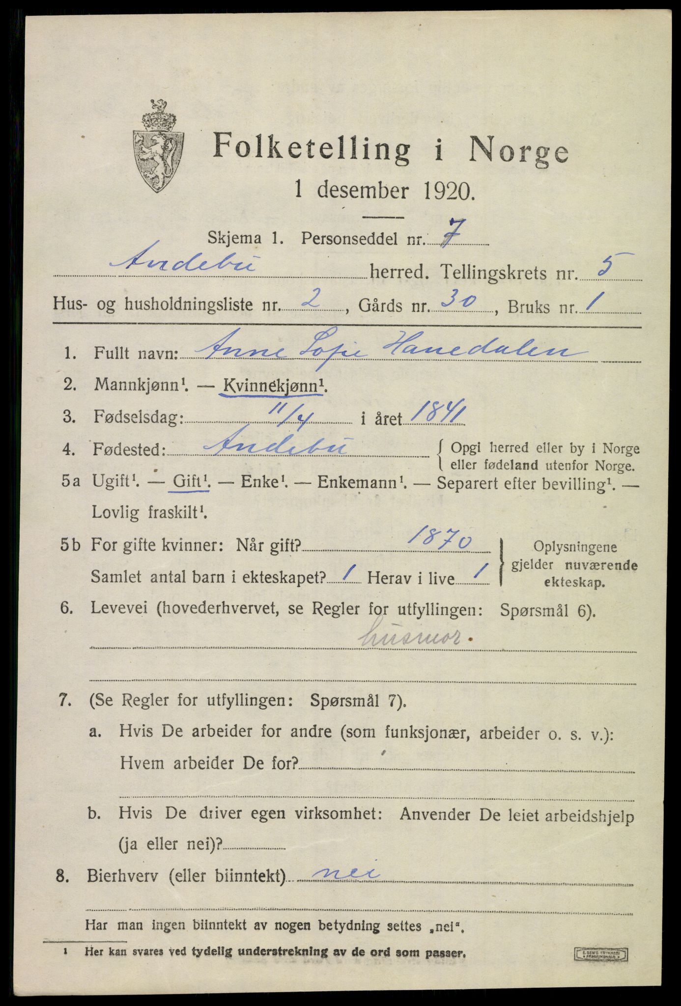 SAKO, 1920 census for Andebu, 1920, p. 2662