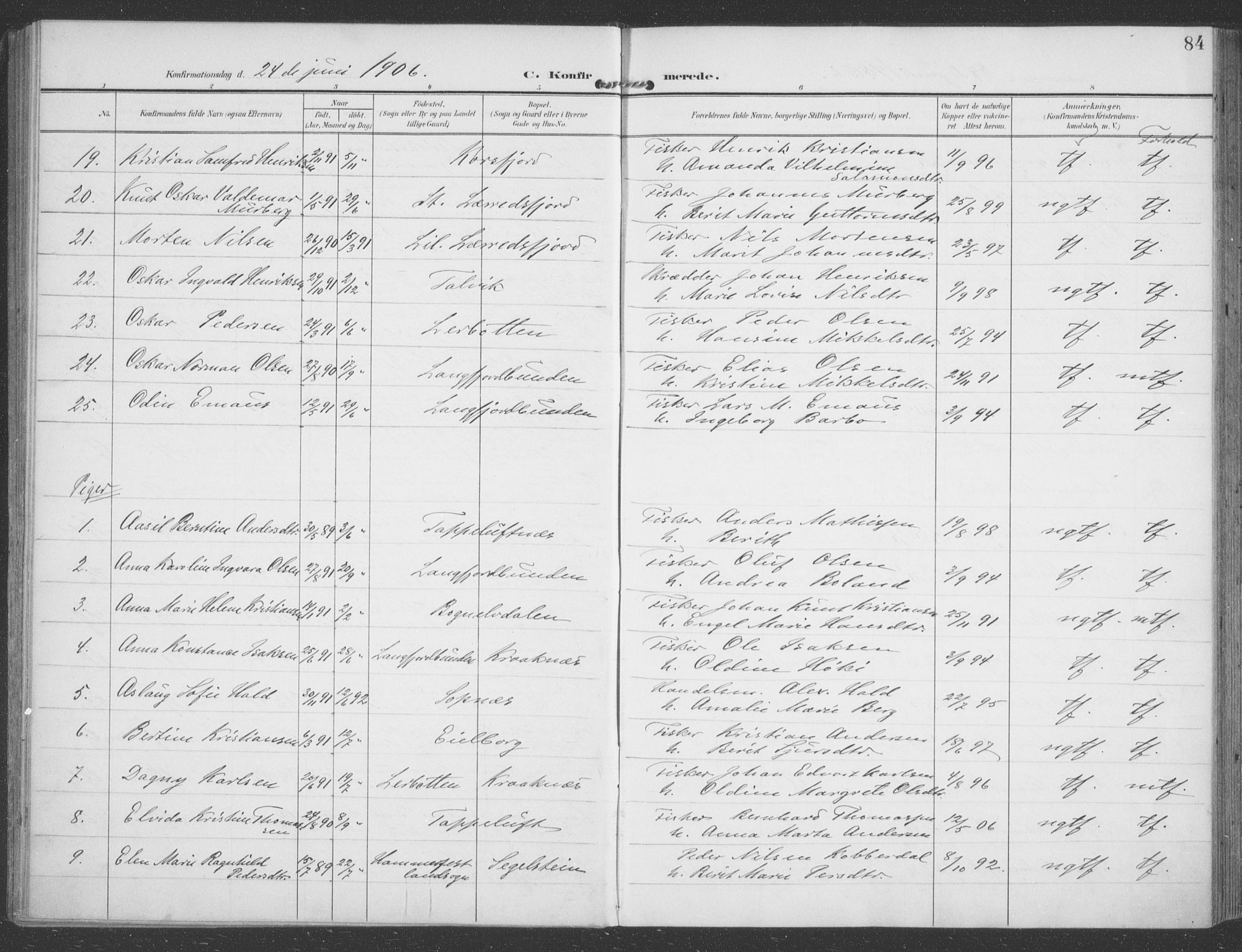 Talvik sokneprestkontor, SATØ/S-1337/H/Ha/L0017kirke: Parish register (official) no. 17, 1906-1915, p. 84
