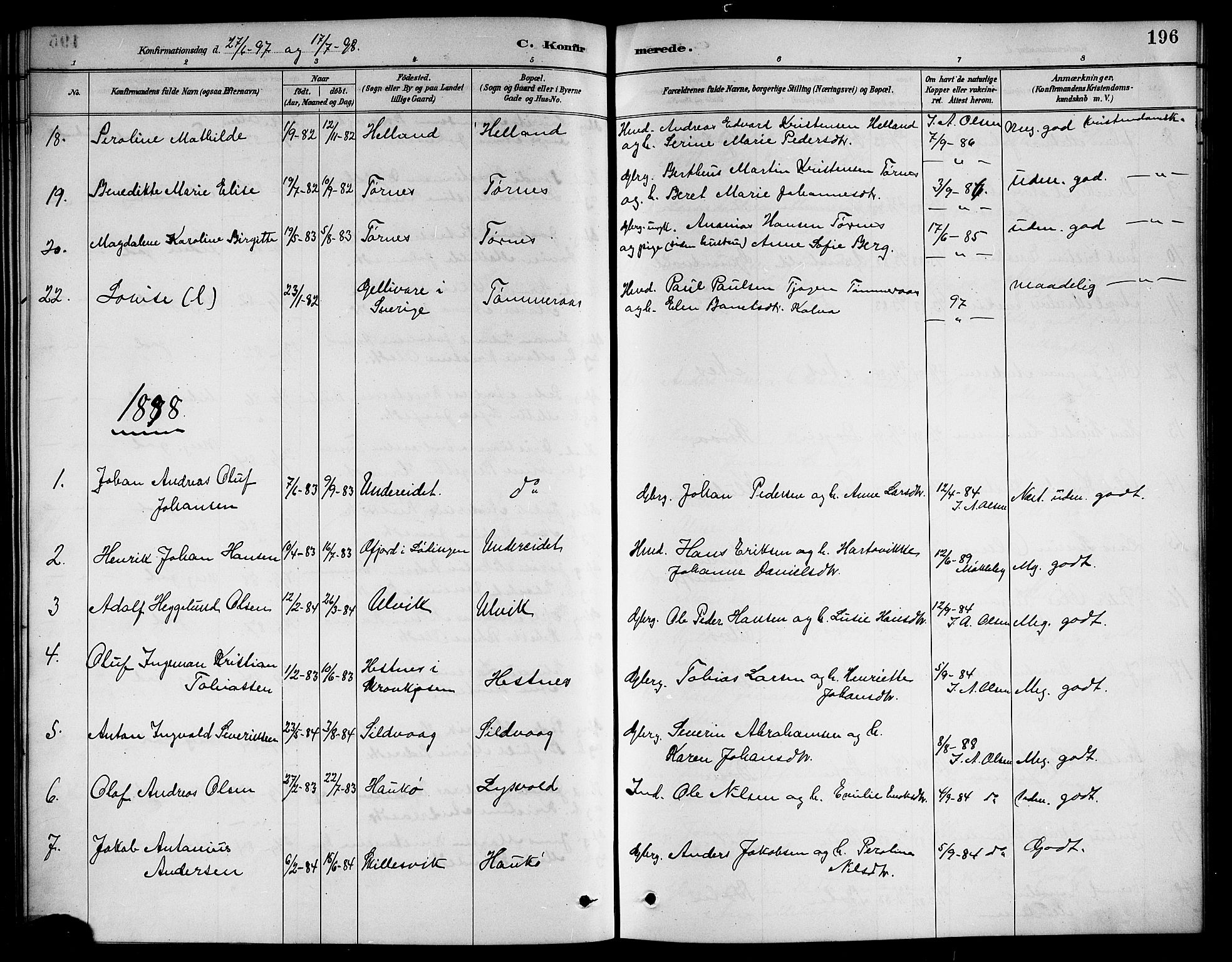 Ministerialprotokoller, klokkerbøker og fødselsregistre - Nordland, AV/SAT-A-1459/861/L0876: Parish register (copy) no. 861C02, 1887-1903, p. 196