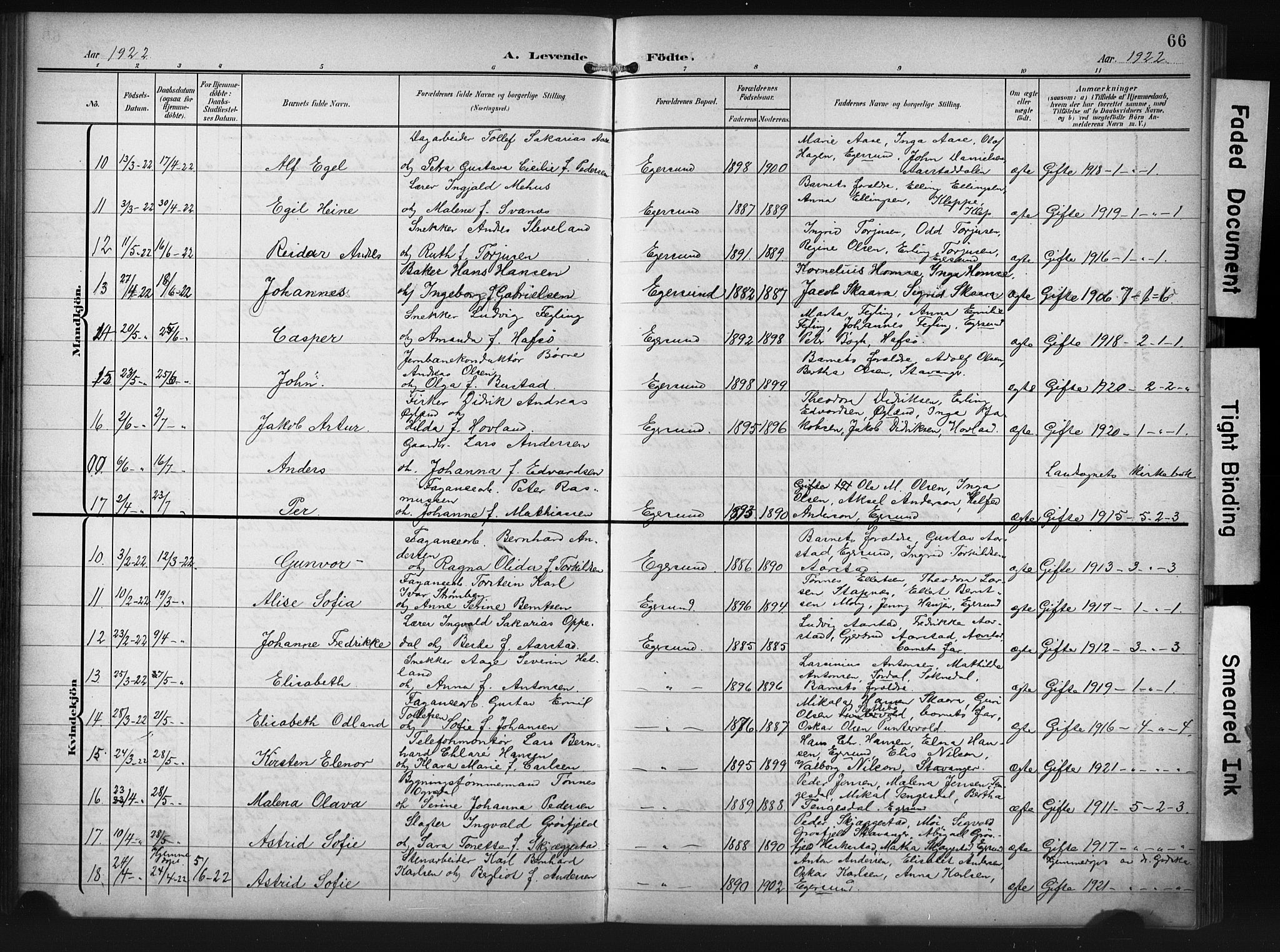 Eigersund sokneprestkontor, SAST/A-101807/S09/L0012: Parish register (copy) no. B 12, 1908-1930, p. 66