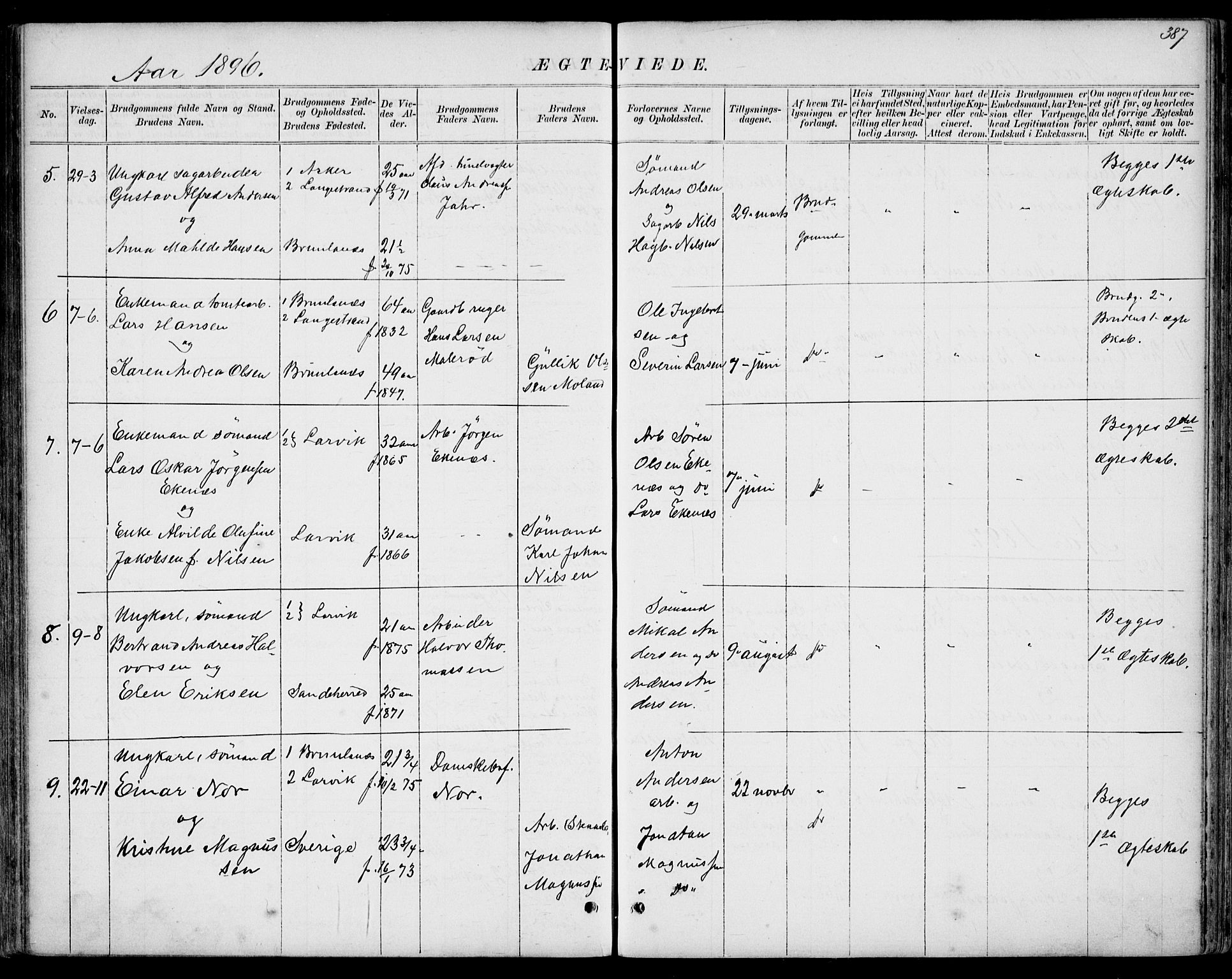 Larvik kirkebøker, AV/SAKO-A-352/G/Gb/L0003: Parish register (copy) no. II 3, 1867-1899, p. 387