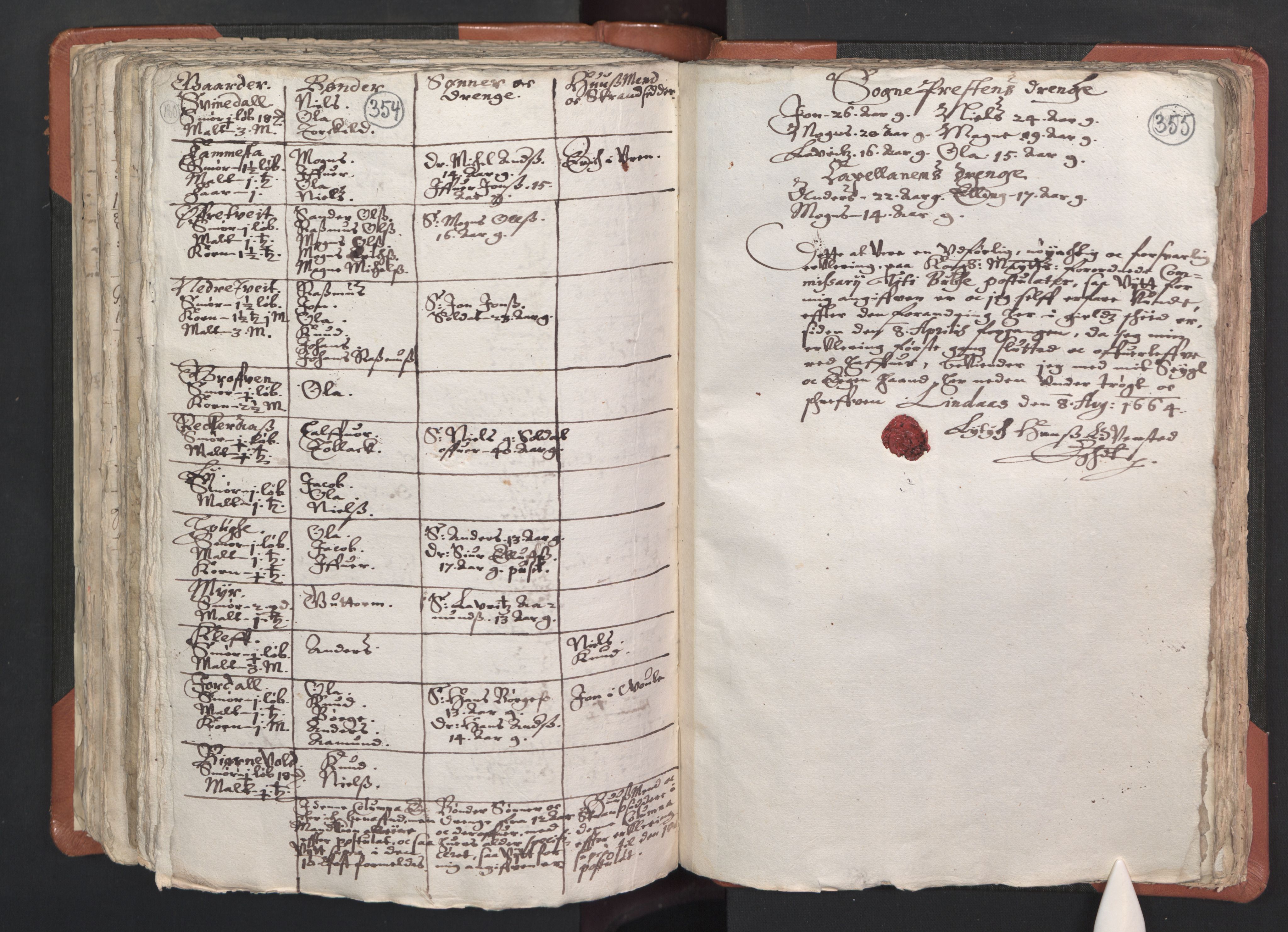 RA, Vicar's Census 1664-1666, no. 22: Nordhordland deanery, 1664-1666, p. 354-355