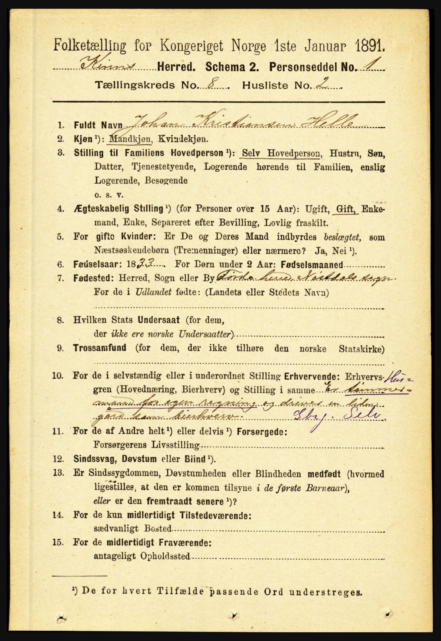RA, 1891 census for 1437 Kinn, 1891, p. 3113