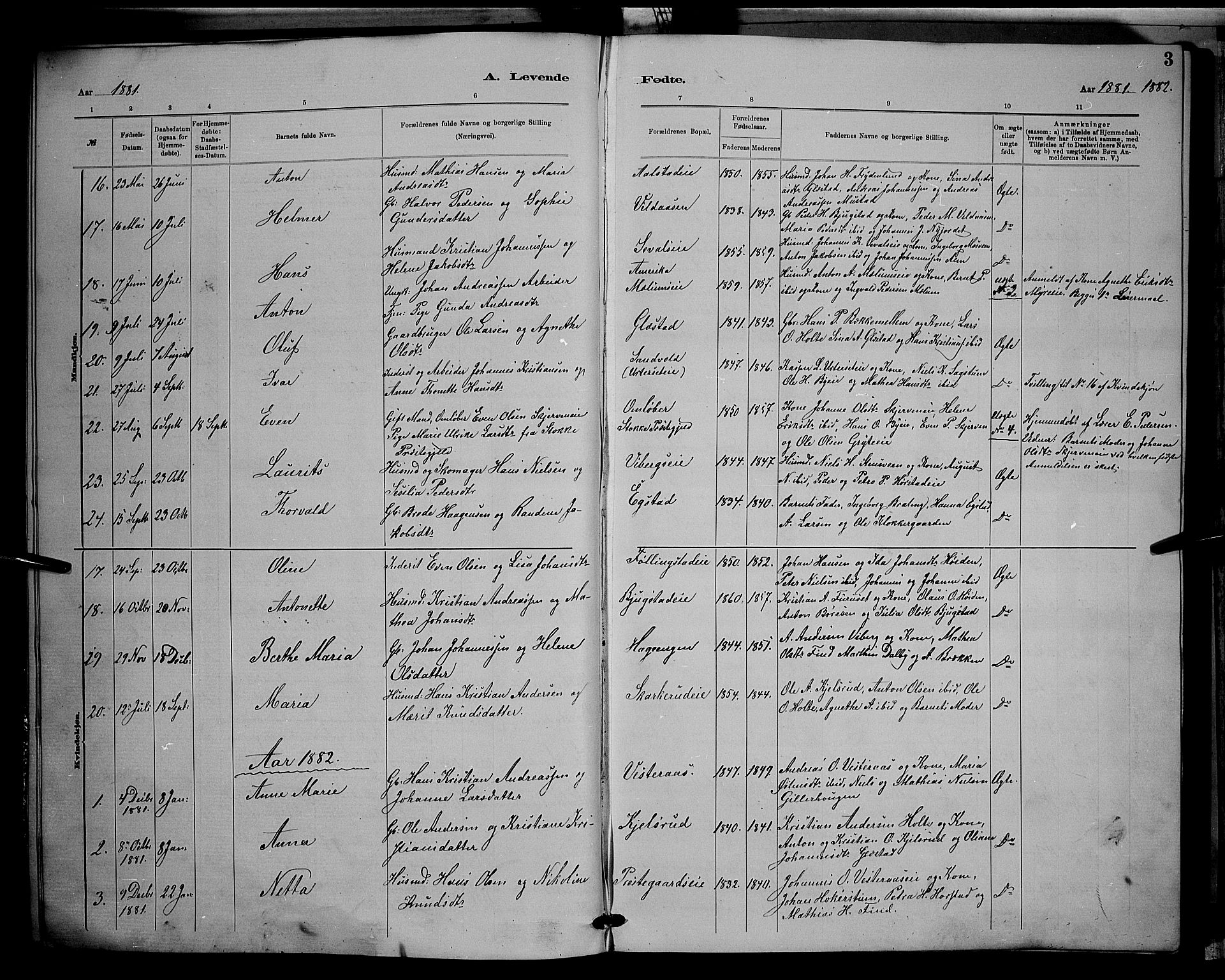 Vardal prestekontor, SAH/PREST-100/H/Ha/Hab/L0008: Parish register (copy) no. 8, 1881-1898, p. 3